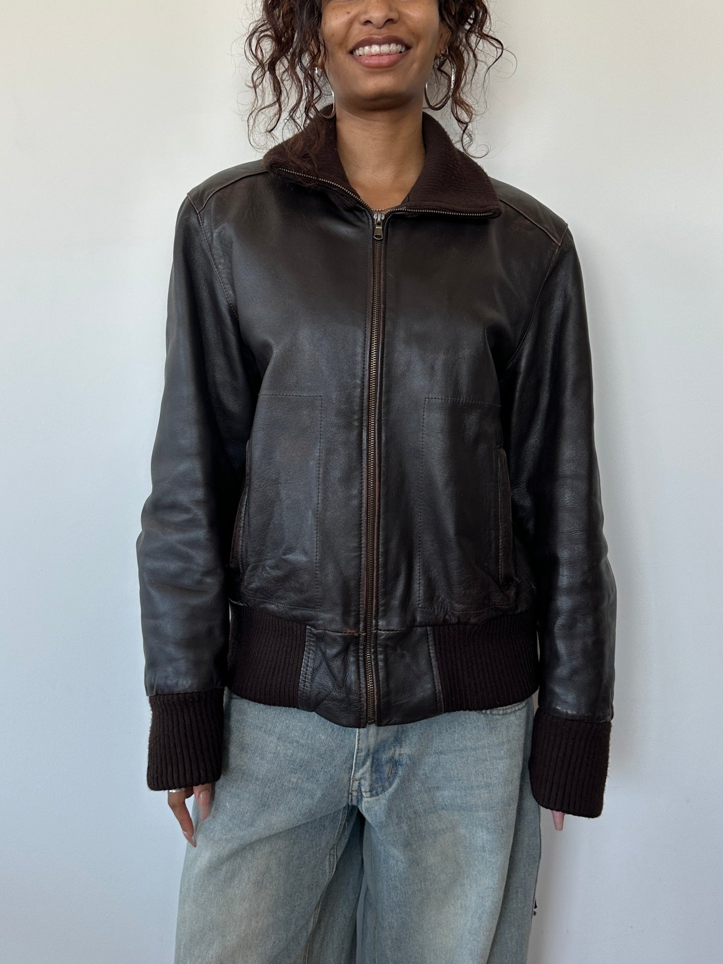 Brown Leather Bomber Jacket ⋆ Size M