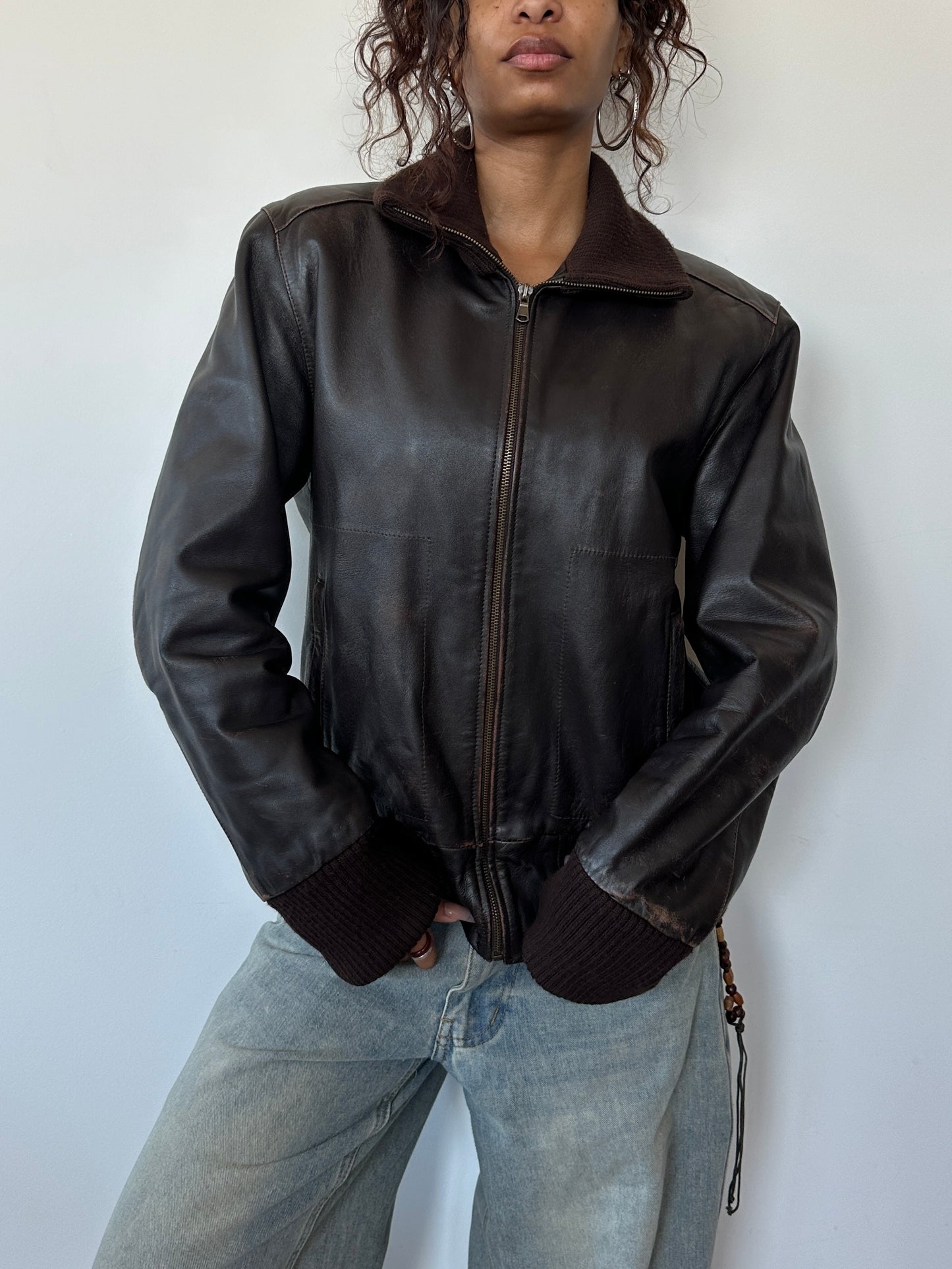 Brown Leather Bomber Jacket ⋆ Size M