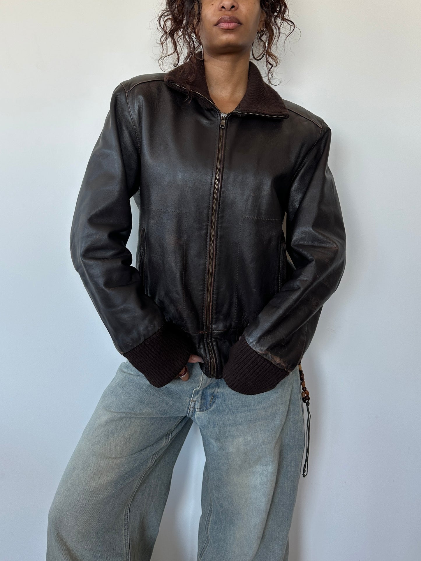 Brown Leather Bomber Jacket ⋆ Size M
