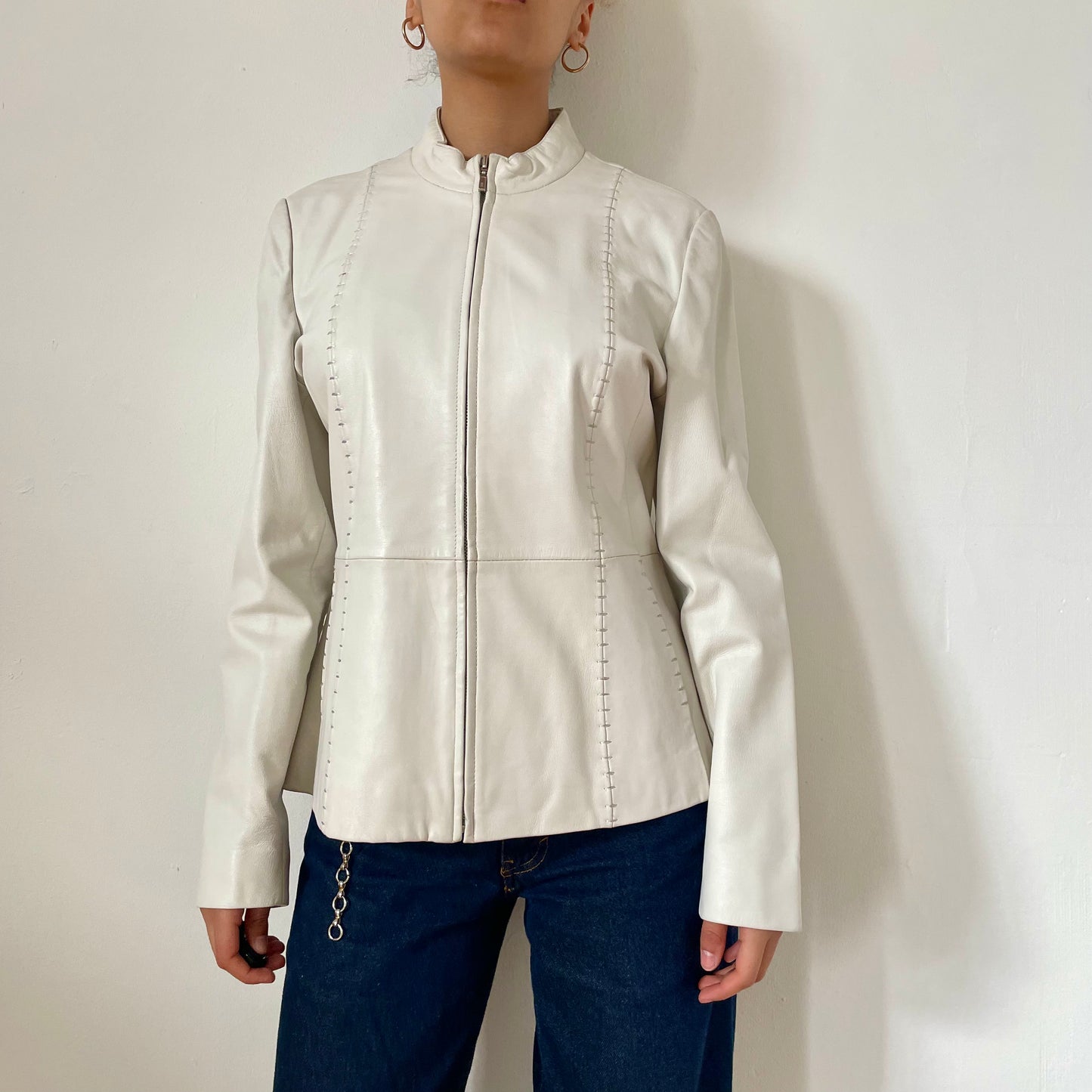 90's White Leather Jacket - Size S
