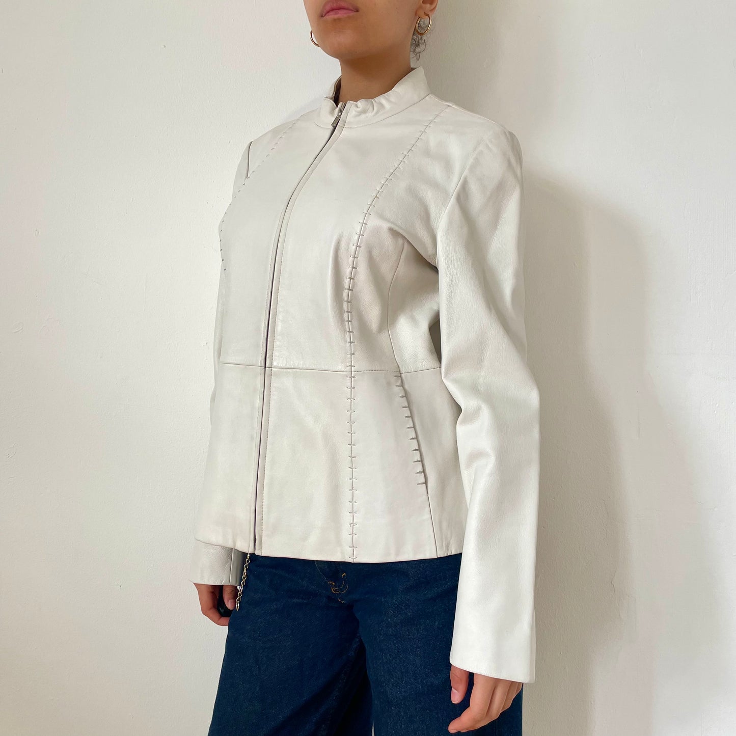90's White Leather Jacket - Size S