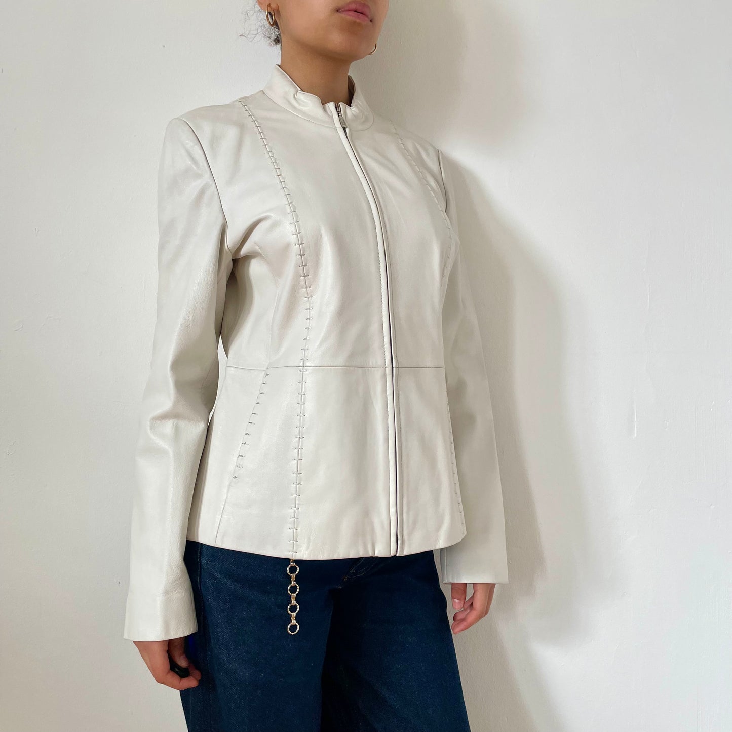 90's White Leather Jacket - Size S