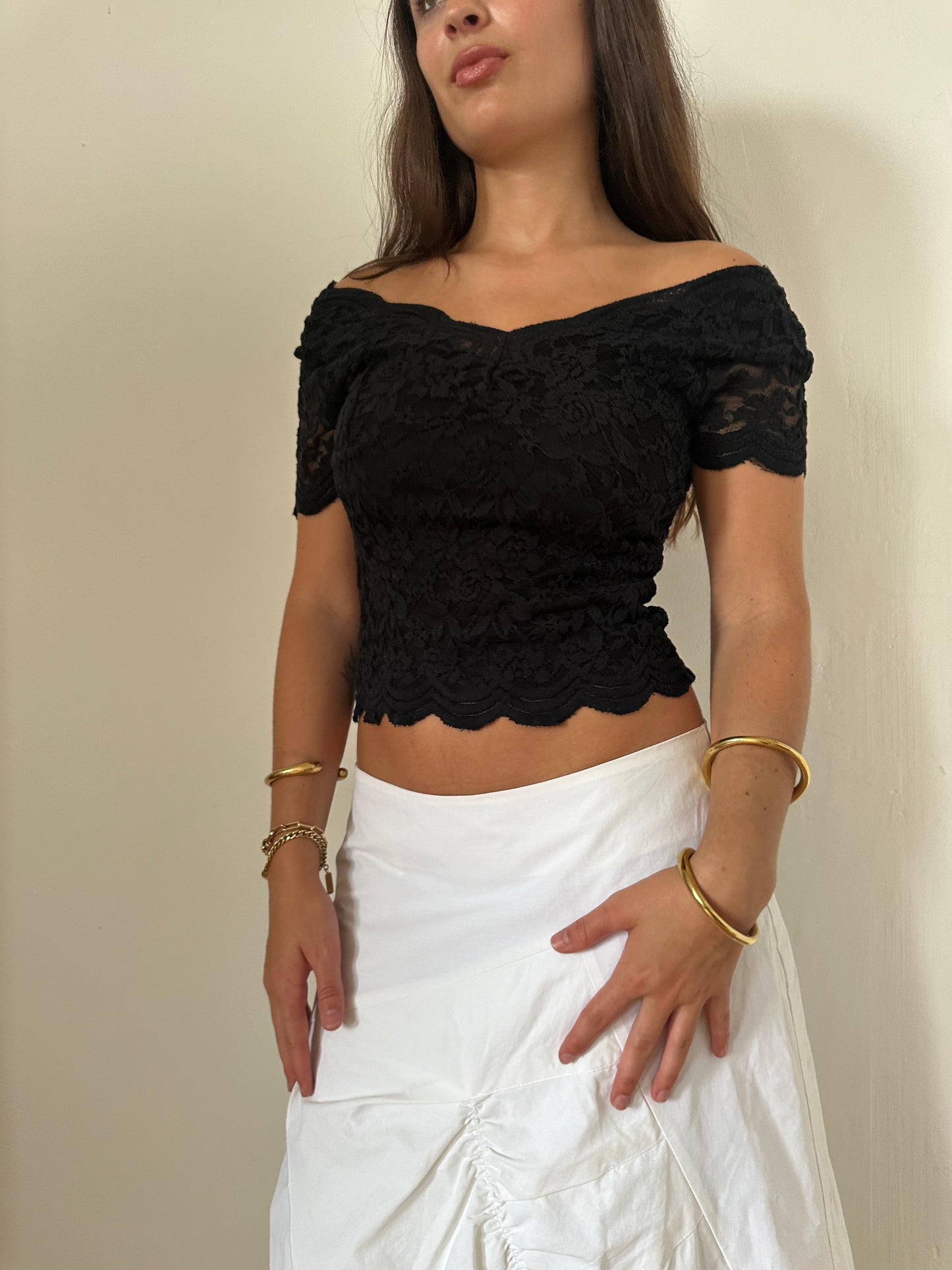 90's Lace Off Shoulder Tee - Size XS/S