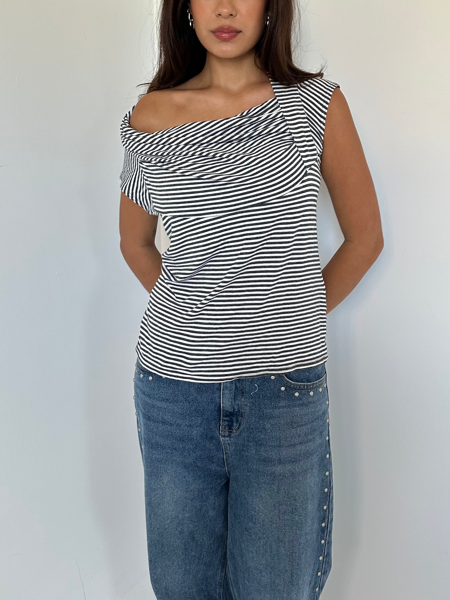 off shoulder stripe top — size s