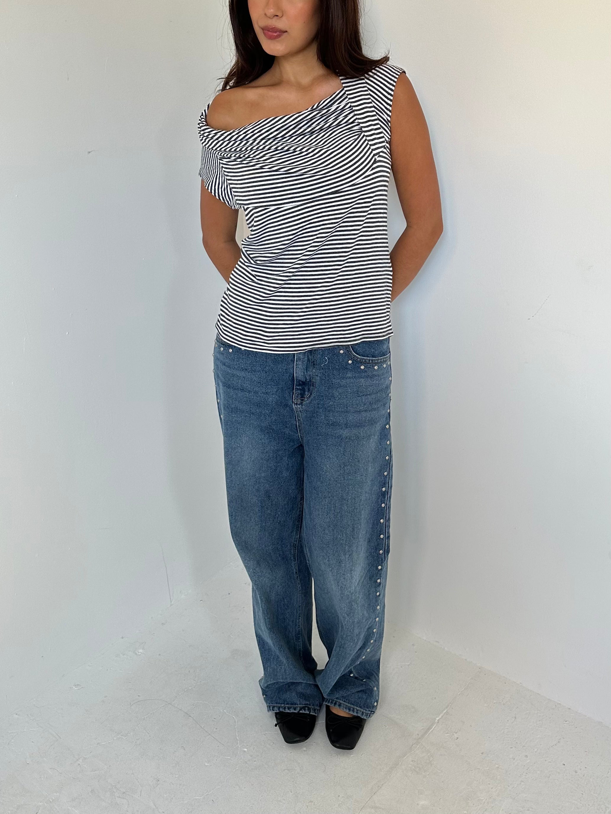 off shoulder stripe top — size s