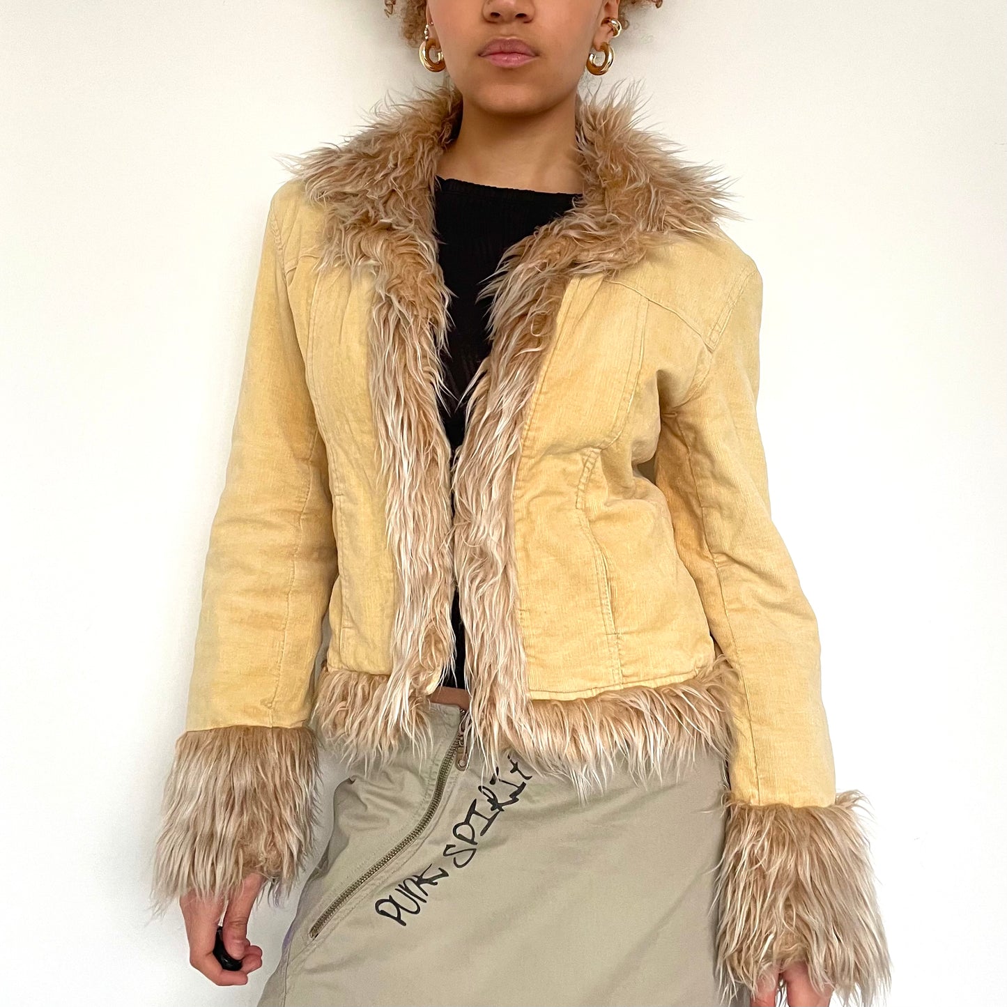 90's Cord Afghan Jacket with Faux Fur Trim - Size XSS