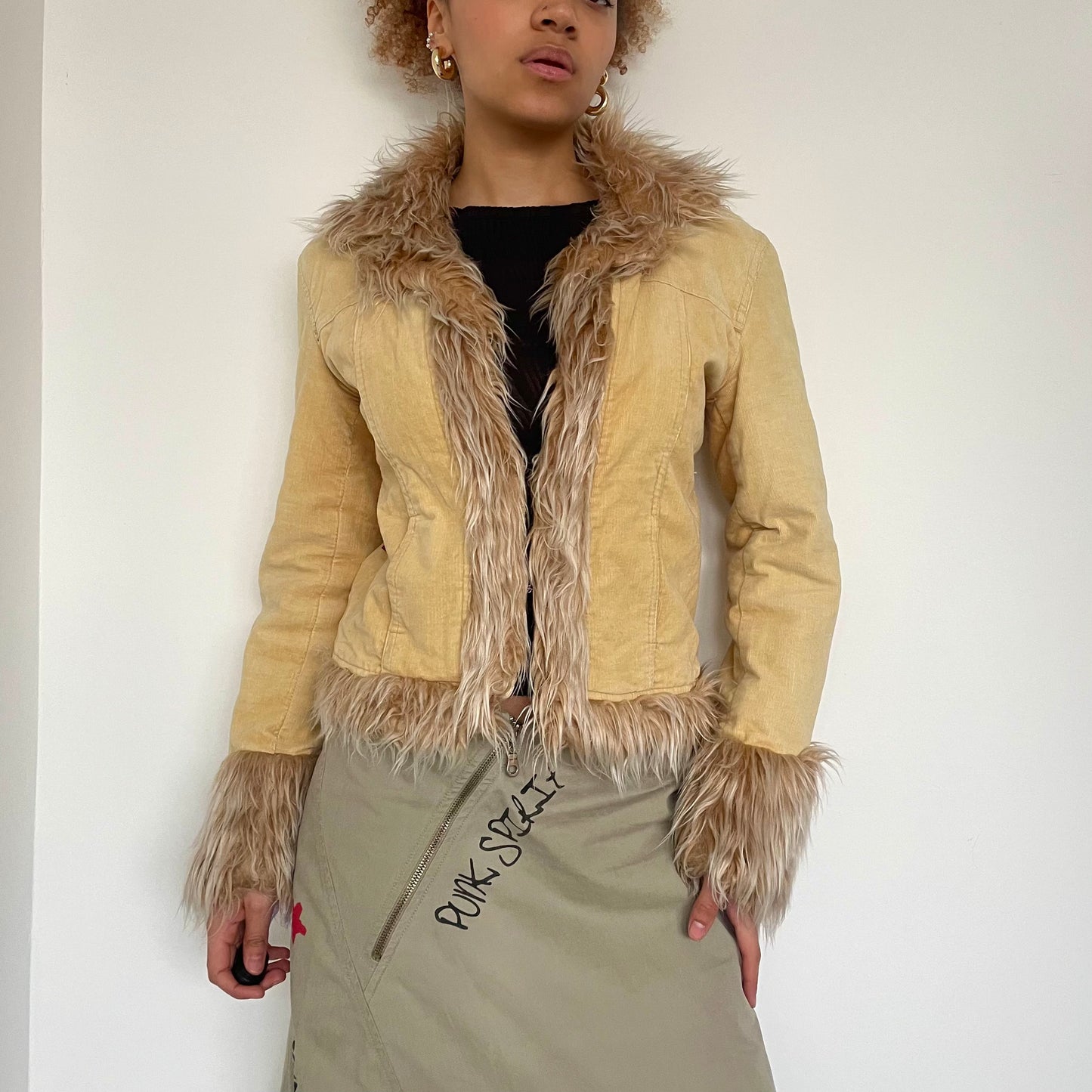 90's Cord Afghan Jacket with Faux Fur Trim - Size XSS