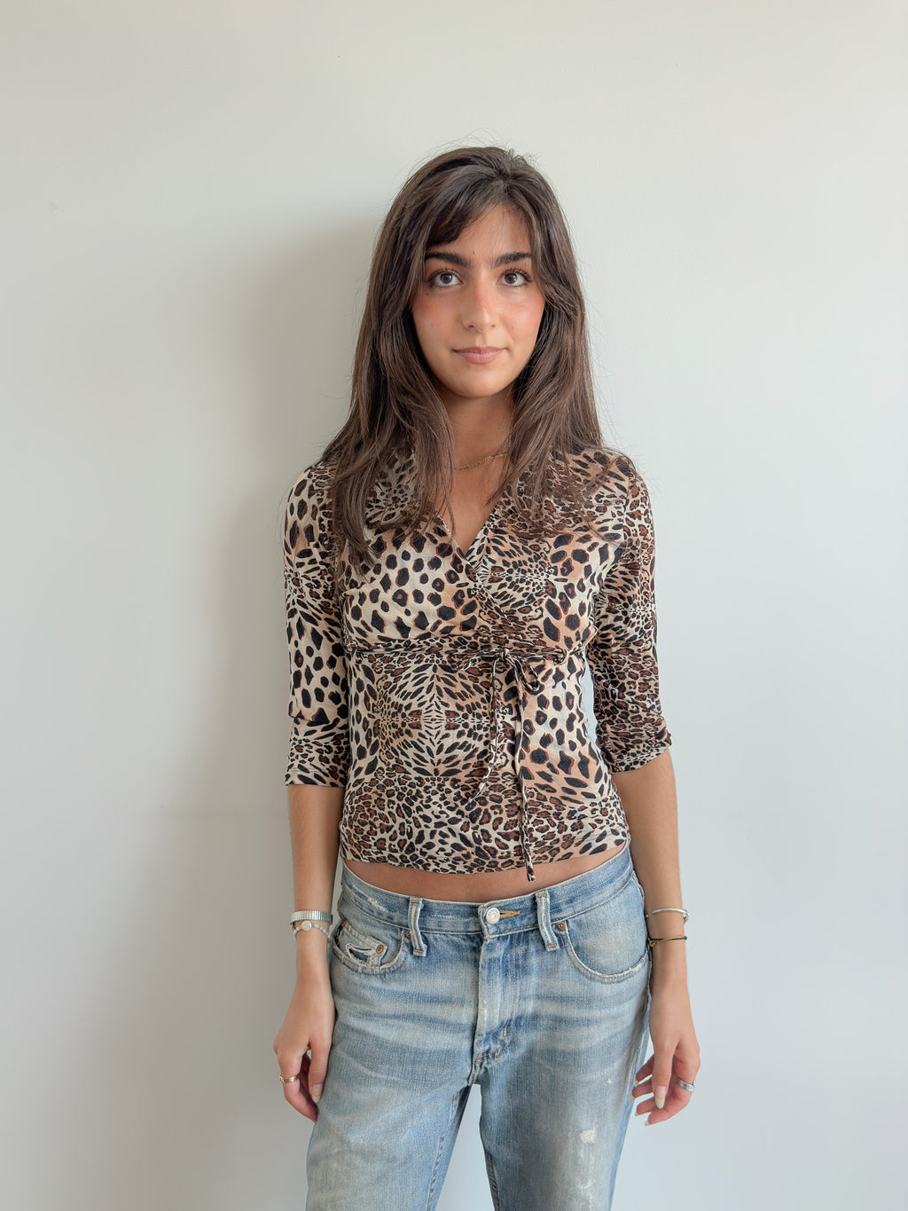 3/4 sleeve leopard top / size xs-s