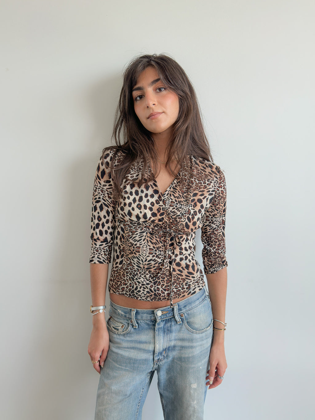 3/4 sleeve leopard top / size xs-s