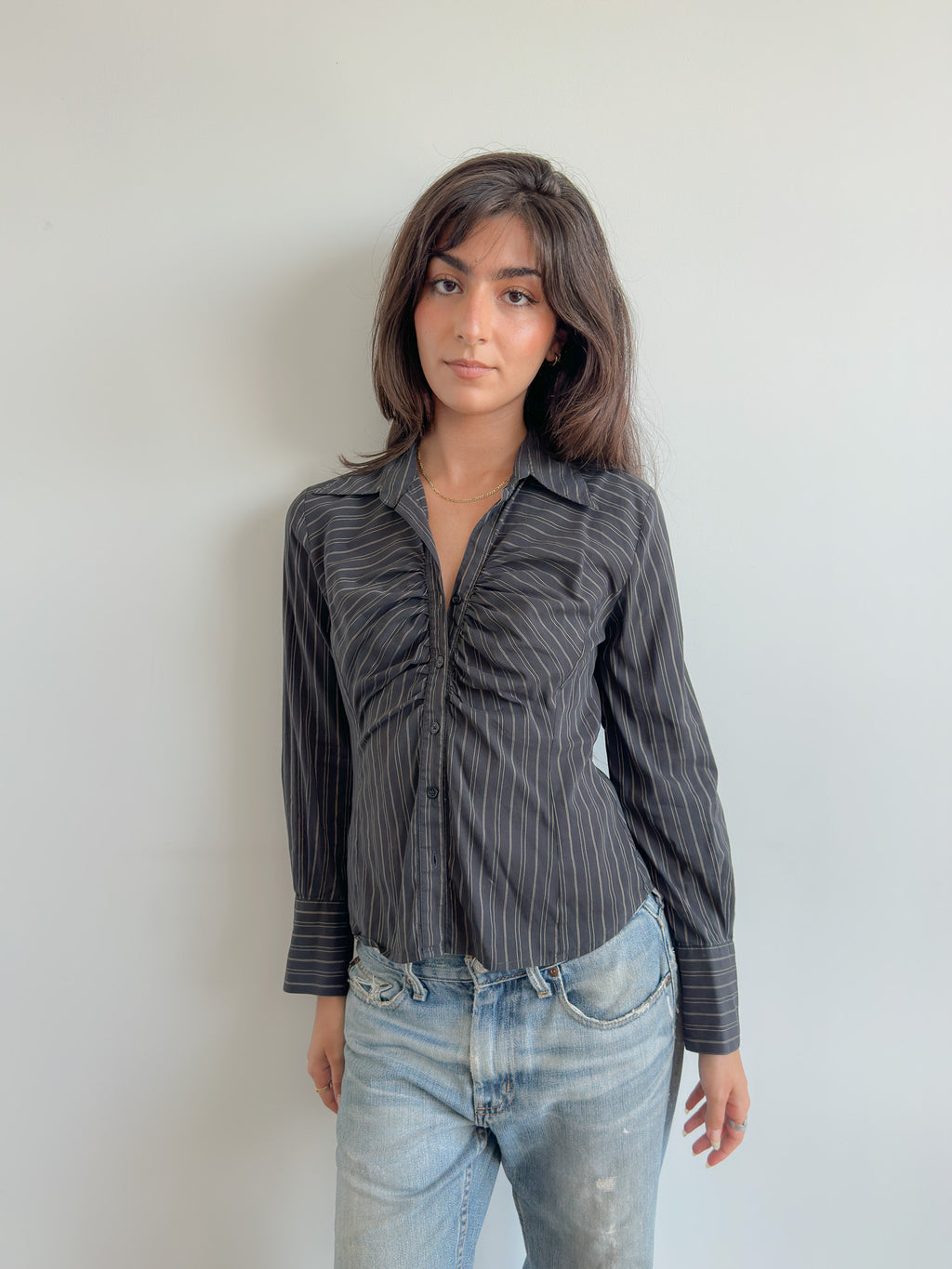 ruched pinstripe shirt / size s