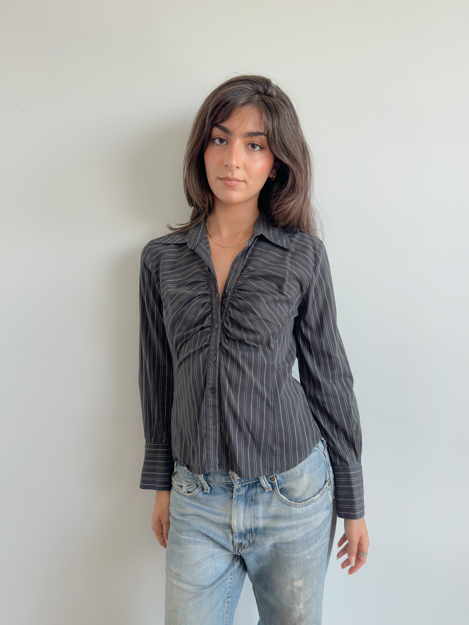 ruched pinstripe shirt / size s