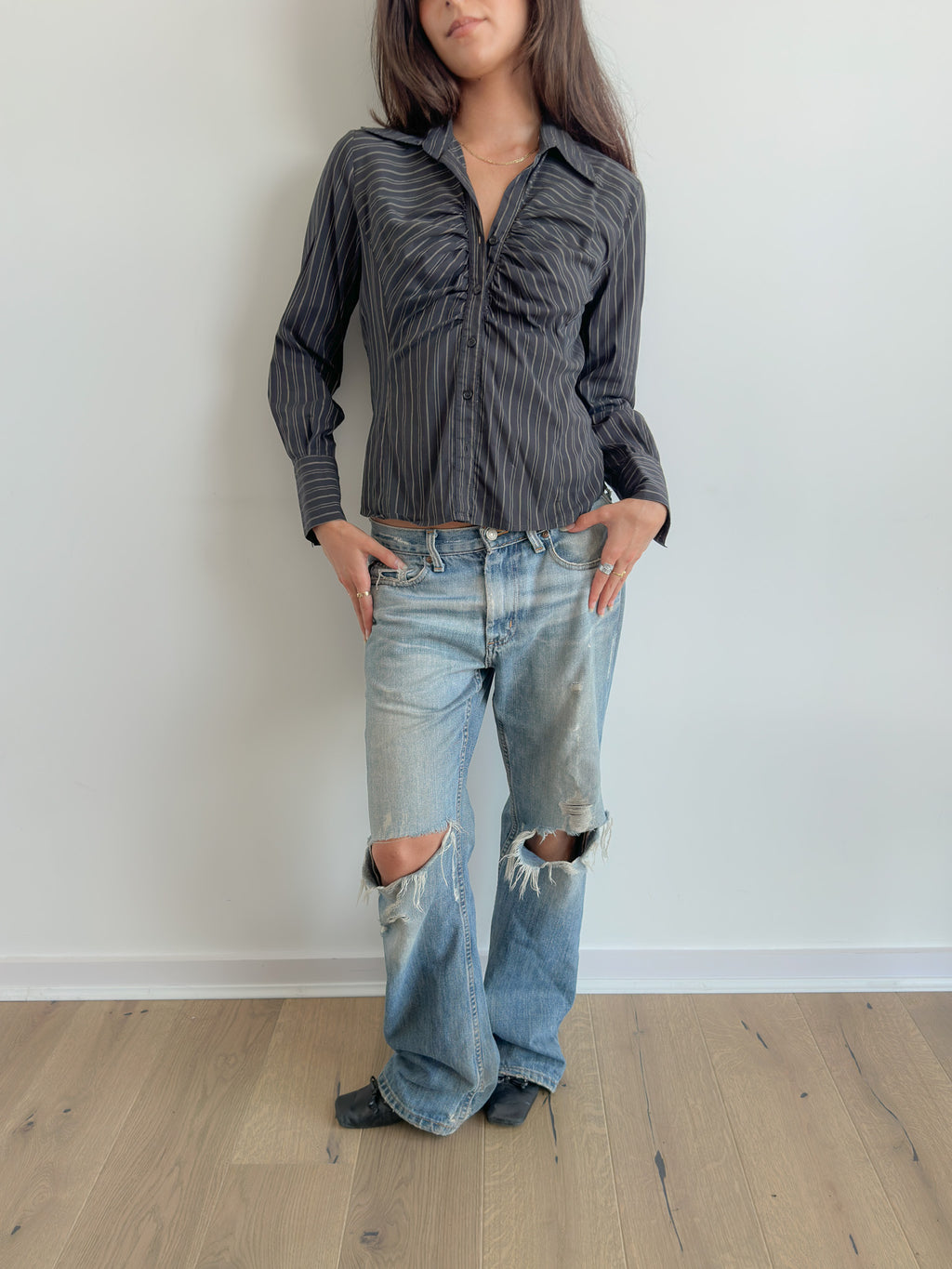 ruched pinstripe shirt / size s