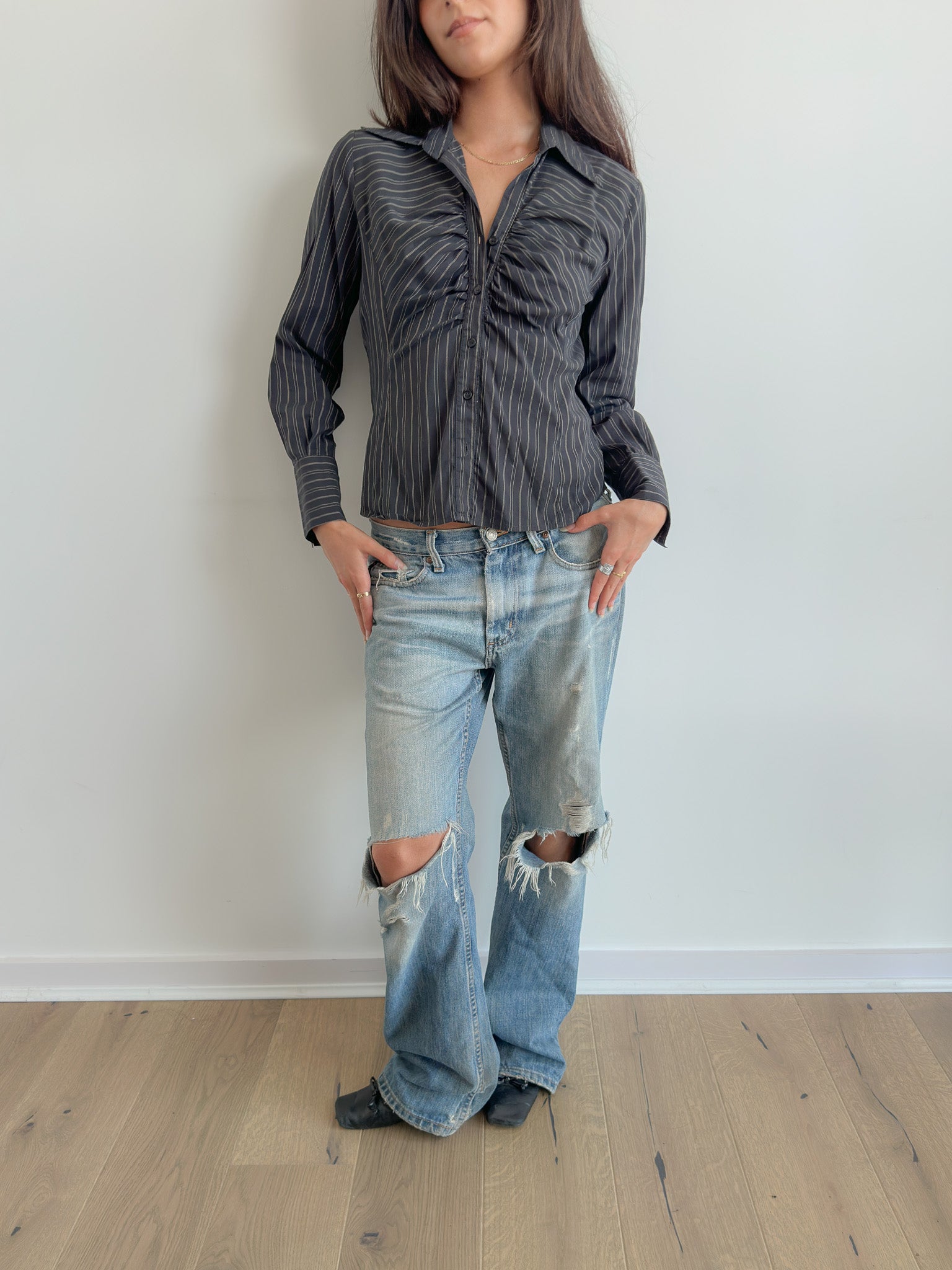 ruched pinstripe shirt / size s