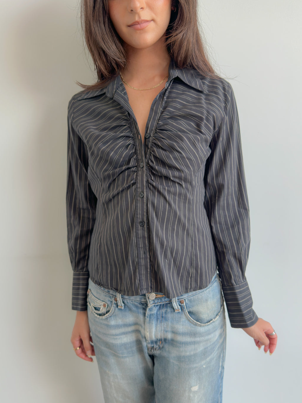 ruched pinstripe shirt / size s