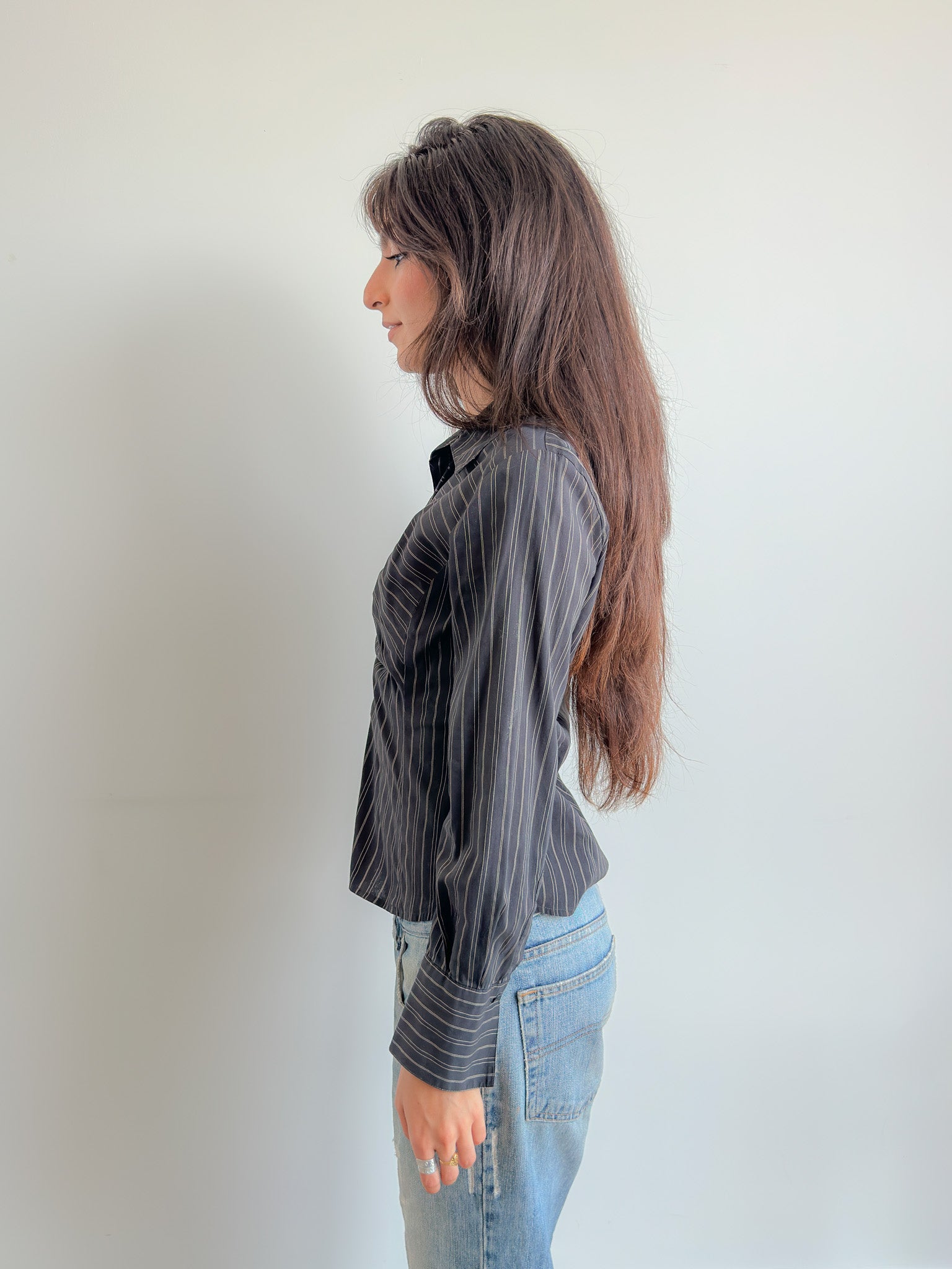 ruched pinstripe shirt / size s