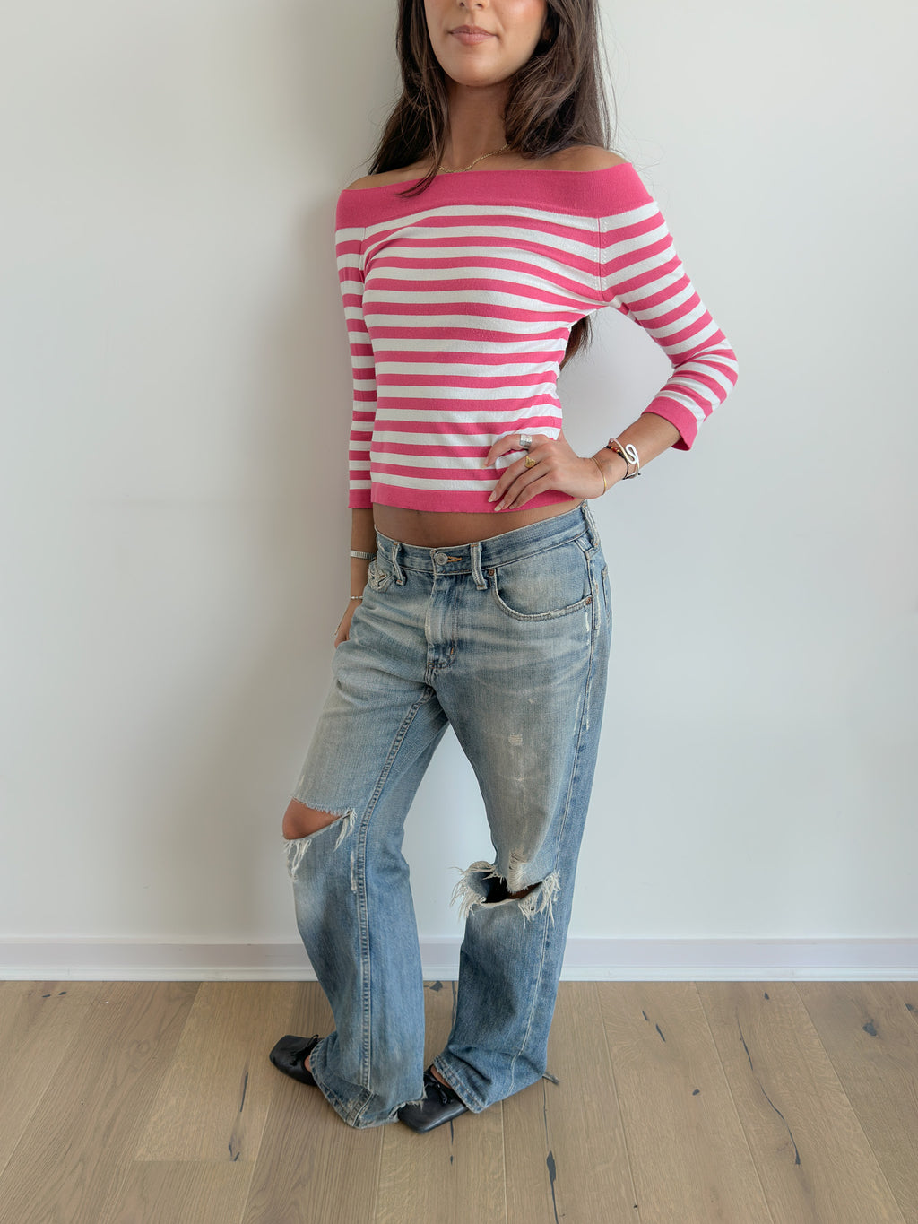off shoulder stripe top / size s