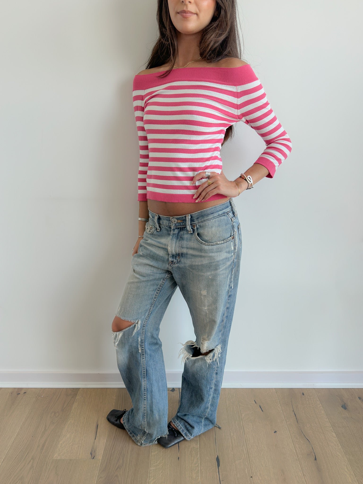 off shoulder stripe top / size s