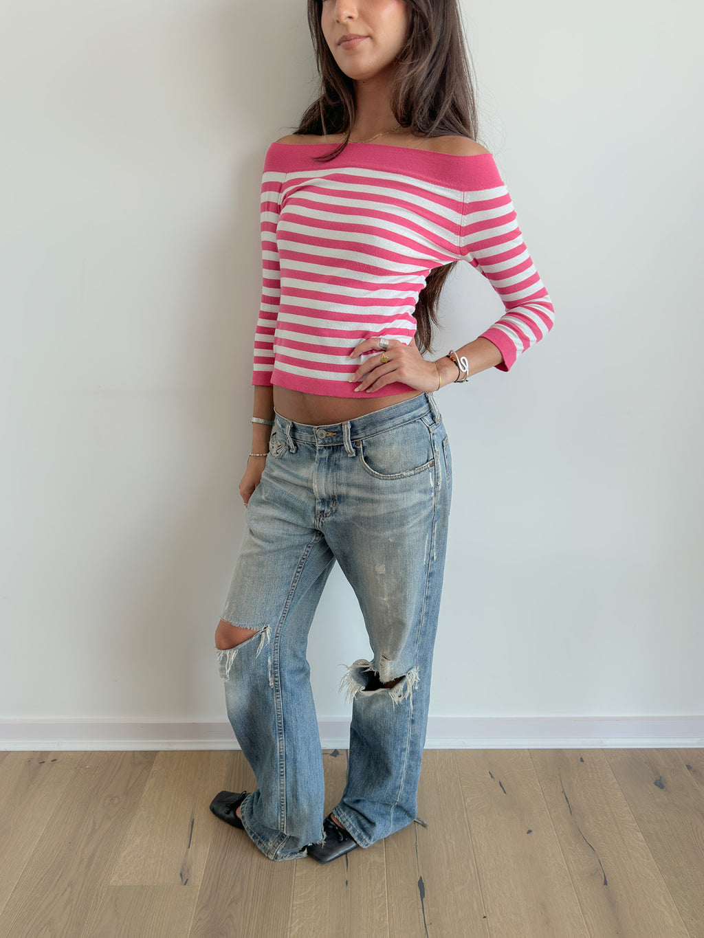 off shoulder stripe top / size s