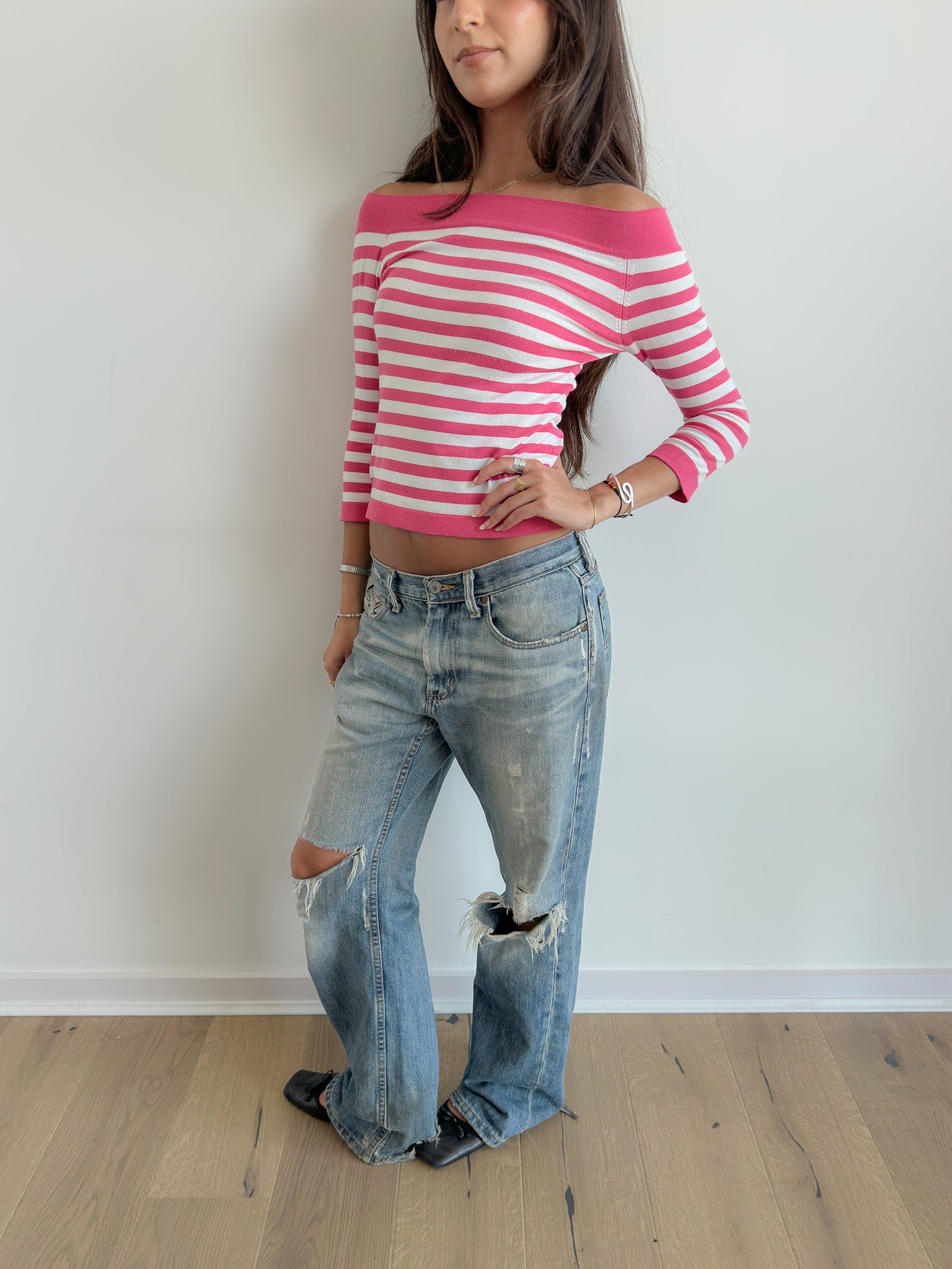 off shoulder stripe top / size s
