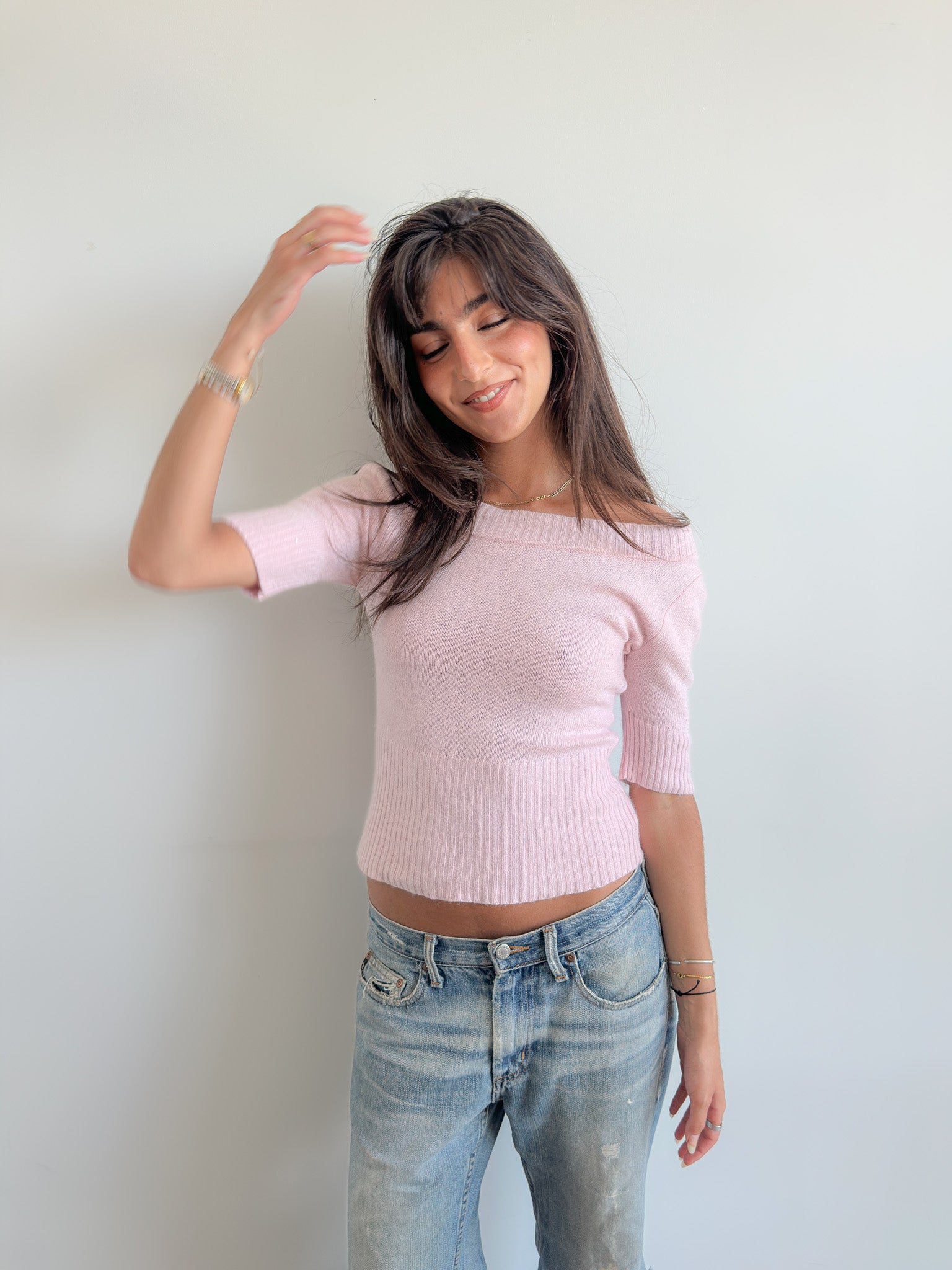 knit off shoulder top / size s