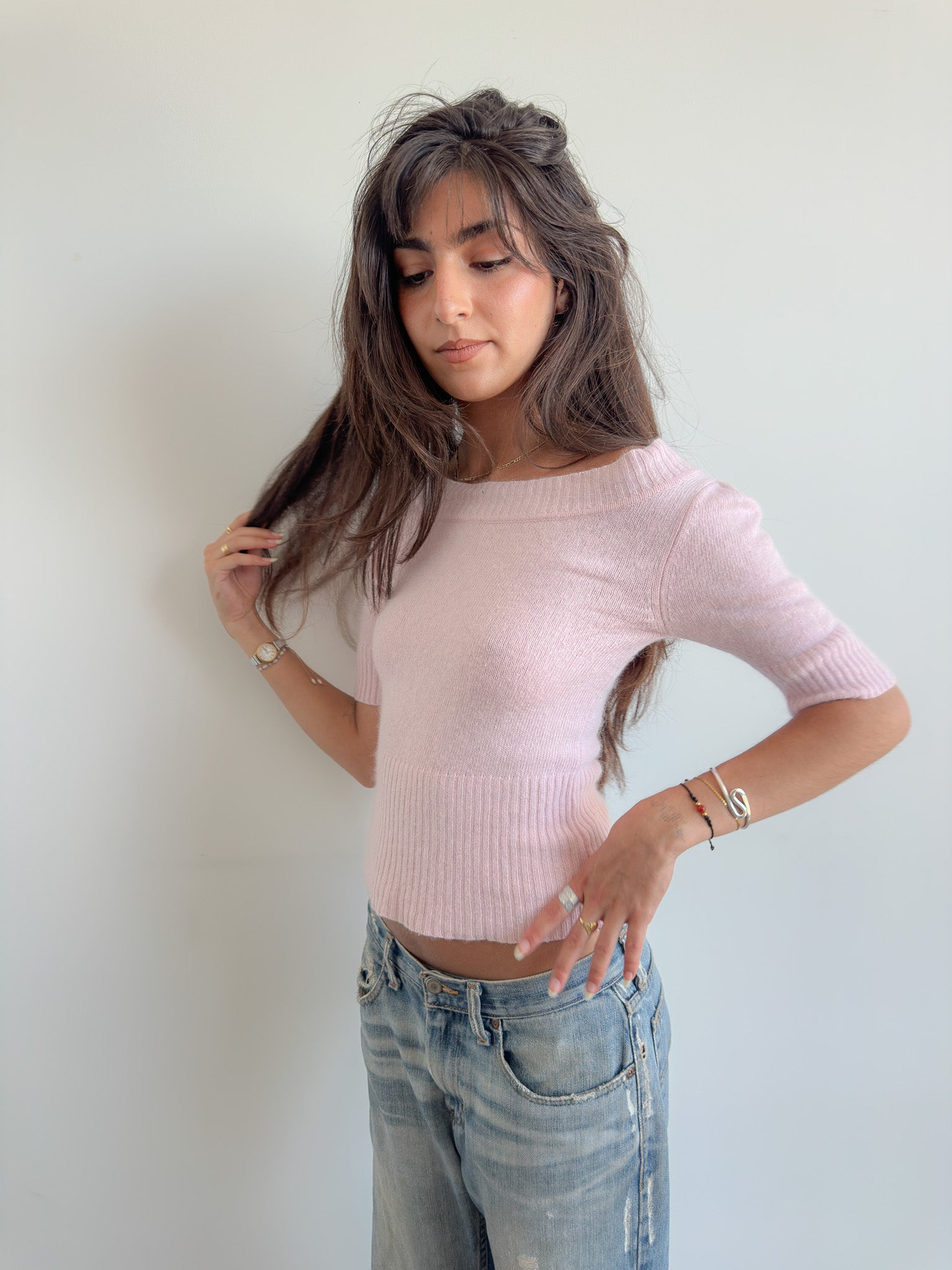 knit off shoulder top / size s