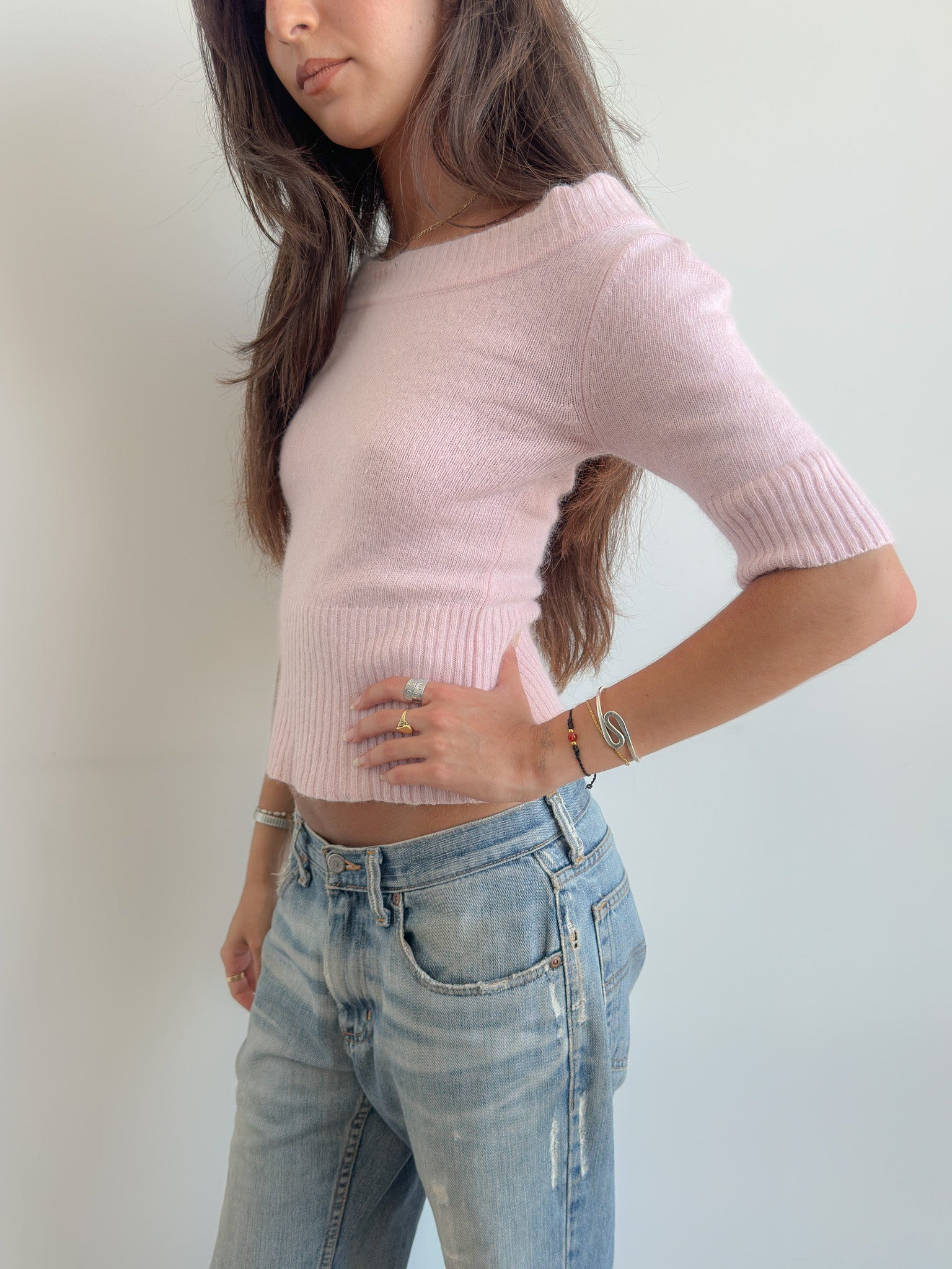 knit off shoulder top / size s
