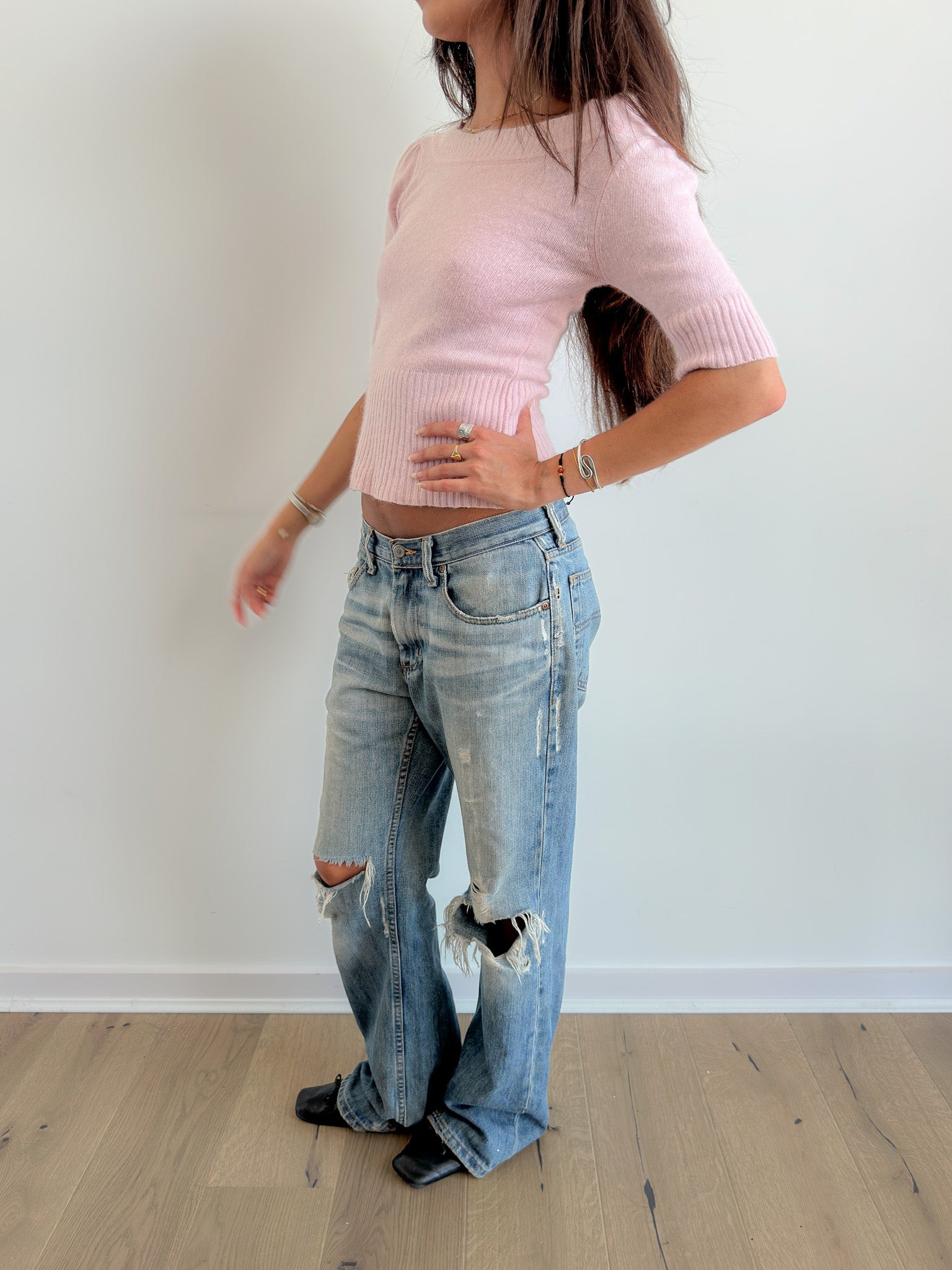 knit off shoulder top / size s