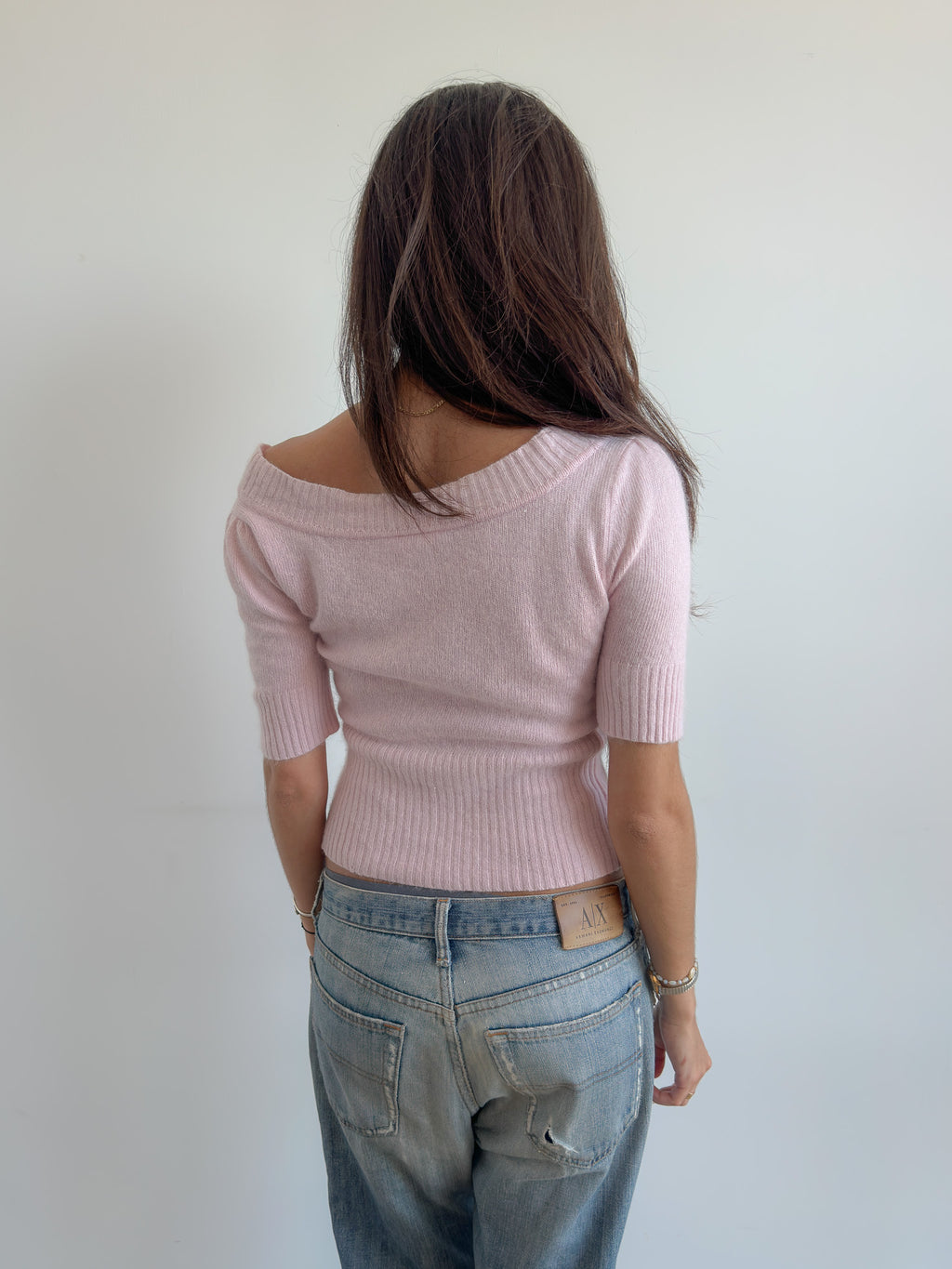 knit off shoulder top / size s