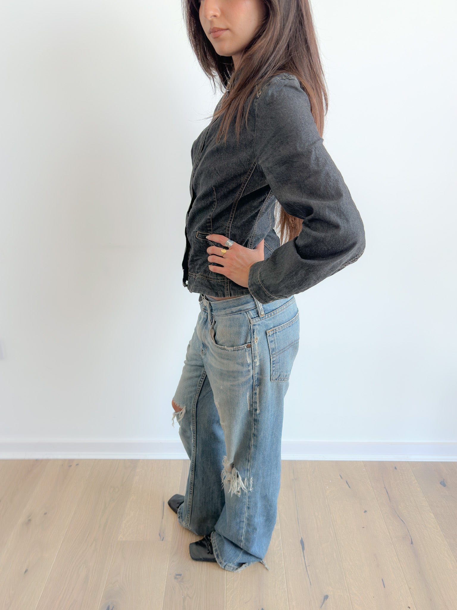 contrast stitch denim jacket / size s