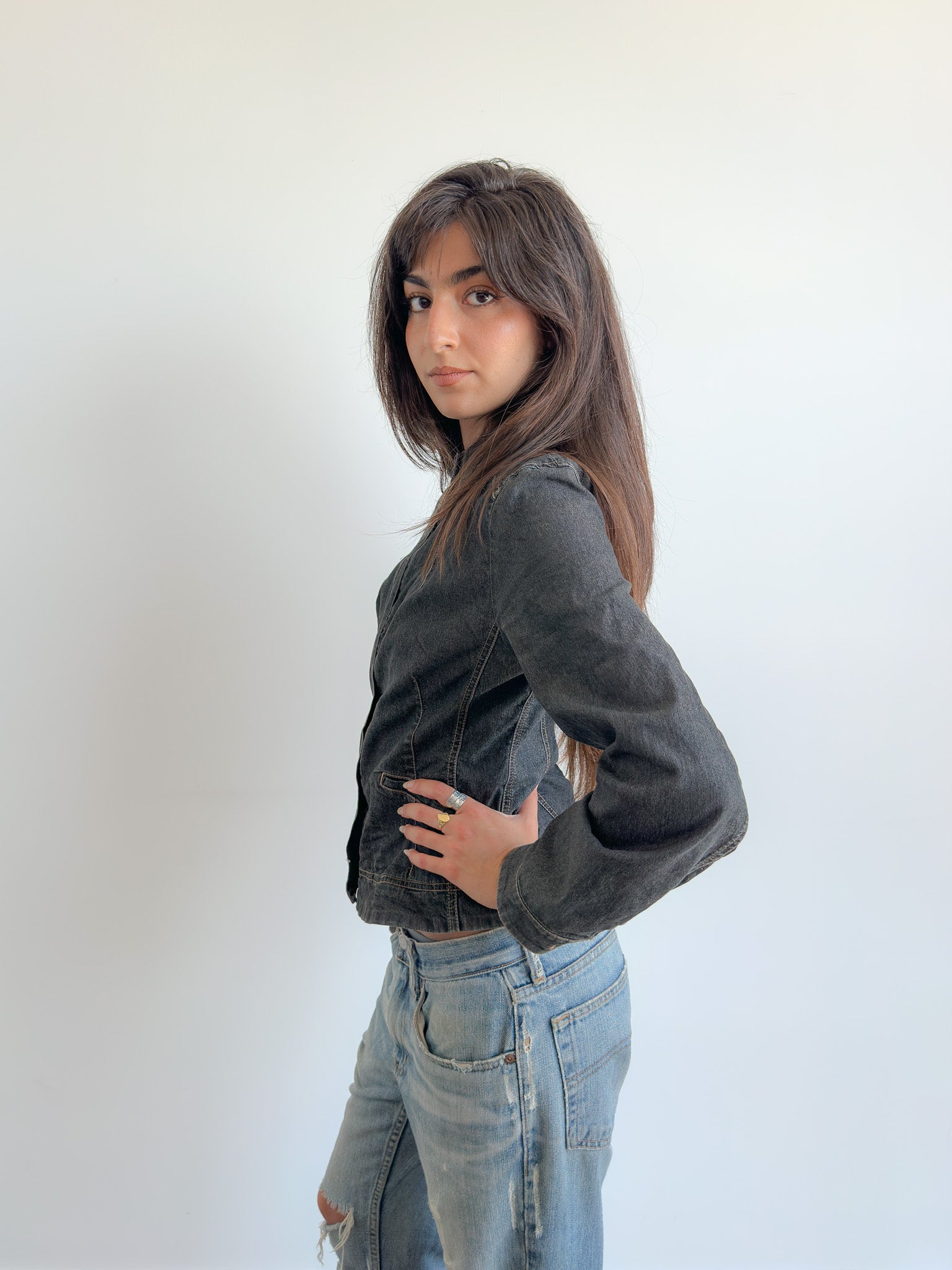 contrast stitch denim jacket / size s