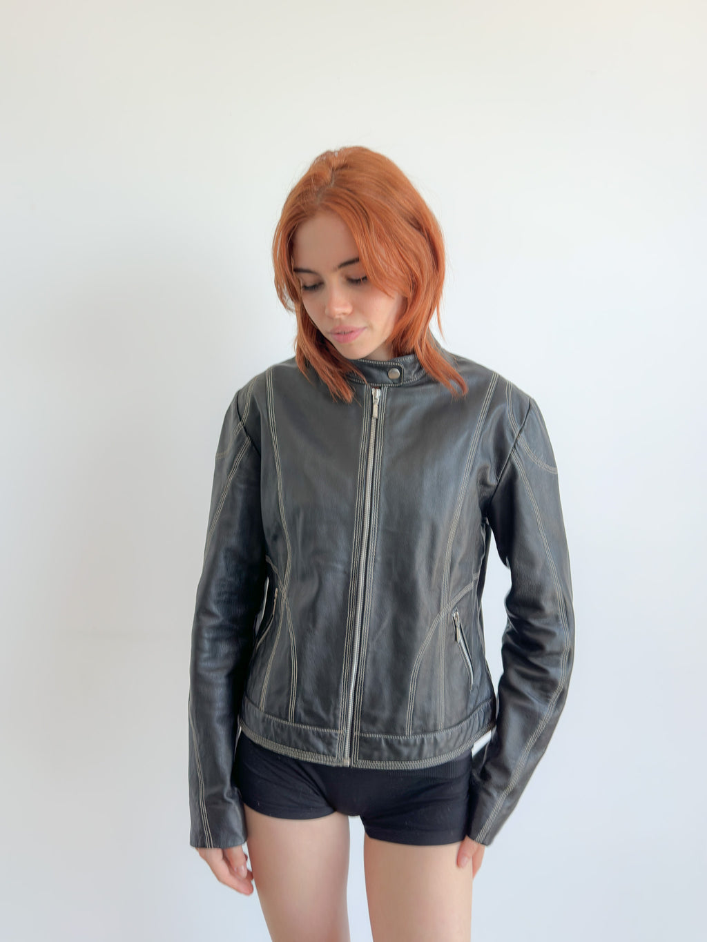 contrast stitch leather jacket / size s