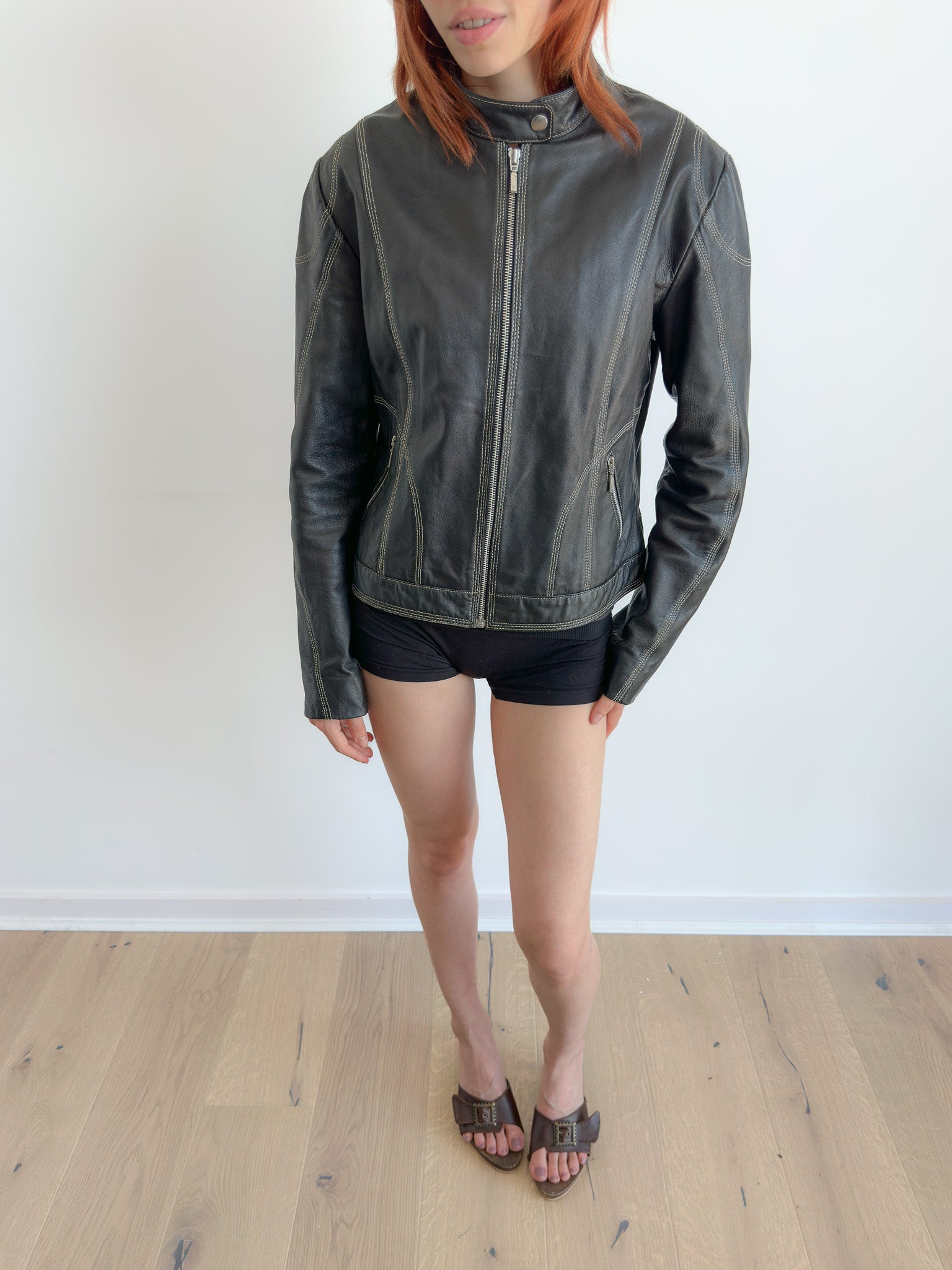 contrast stitch leather jacket / size s