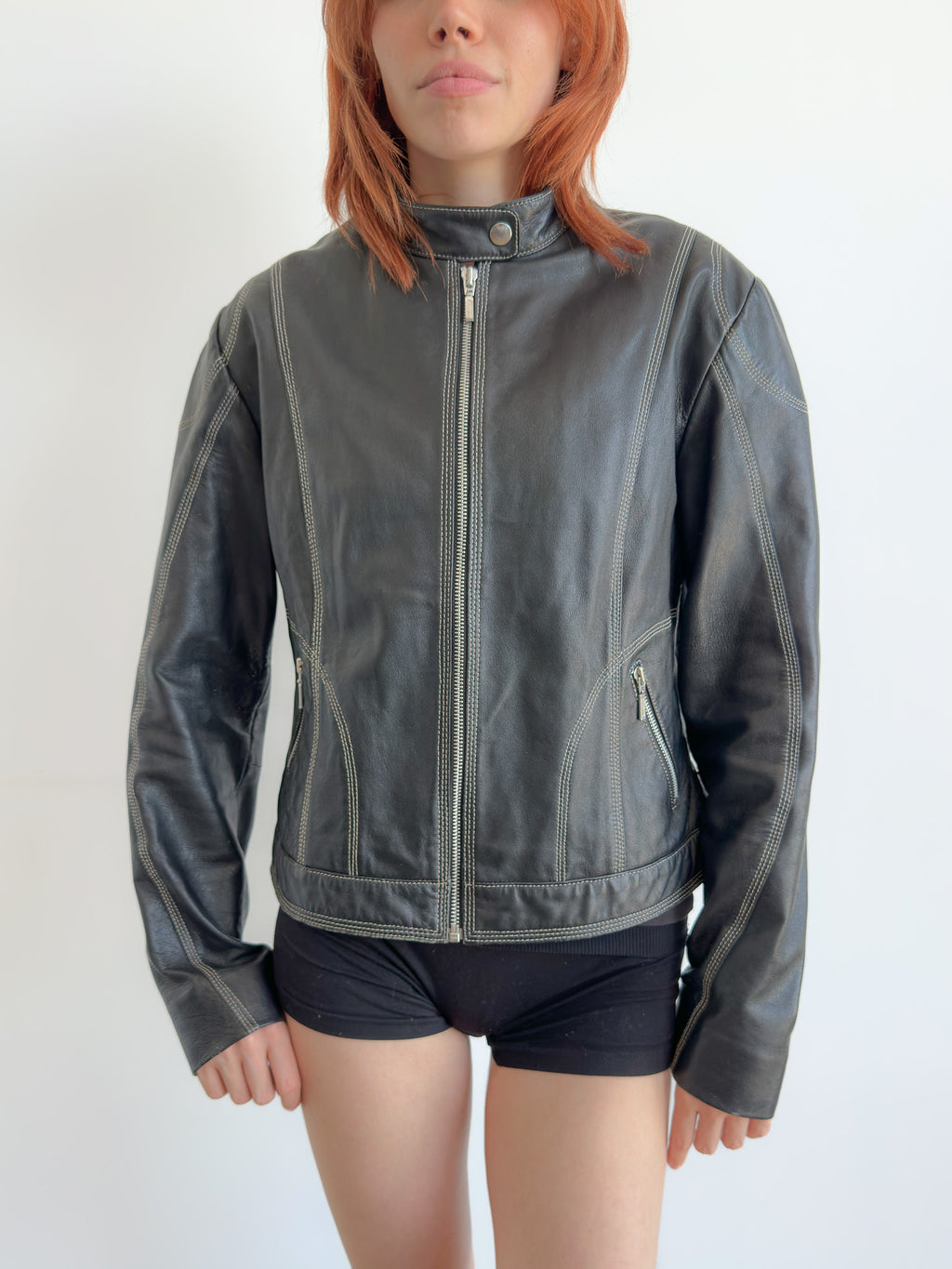 contrast stitch leather jacket / size s