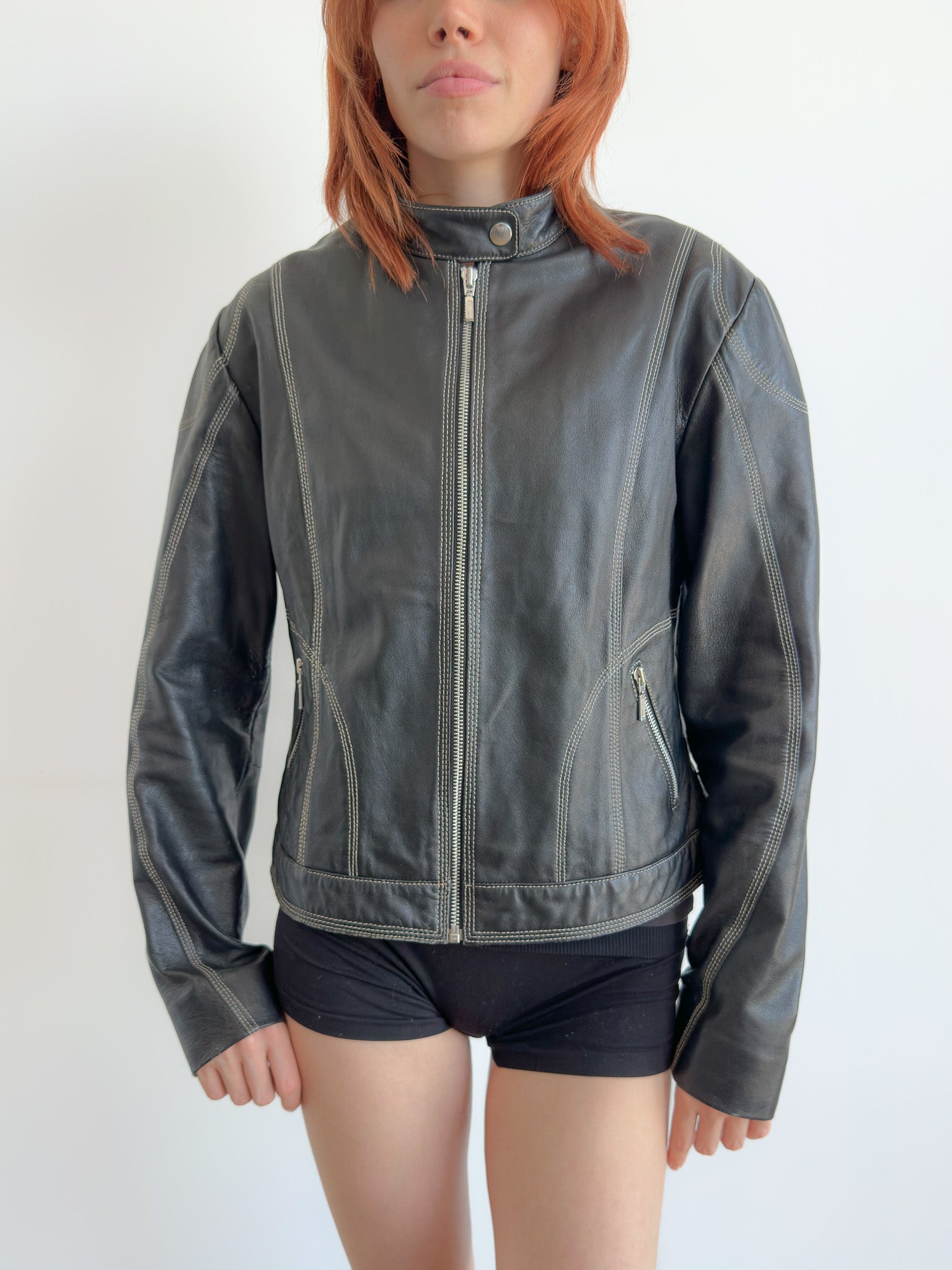 contrast stitch leather jacket / size s