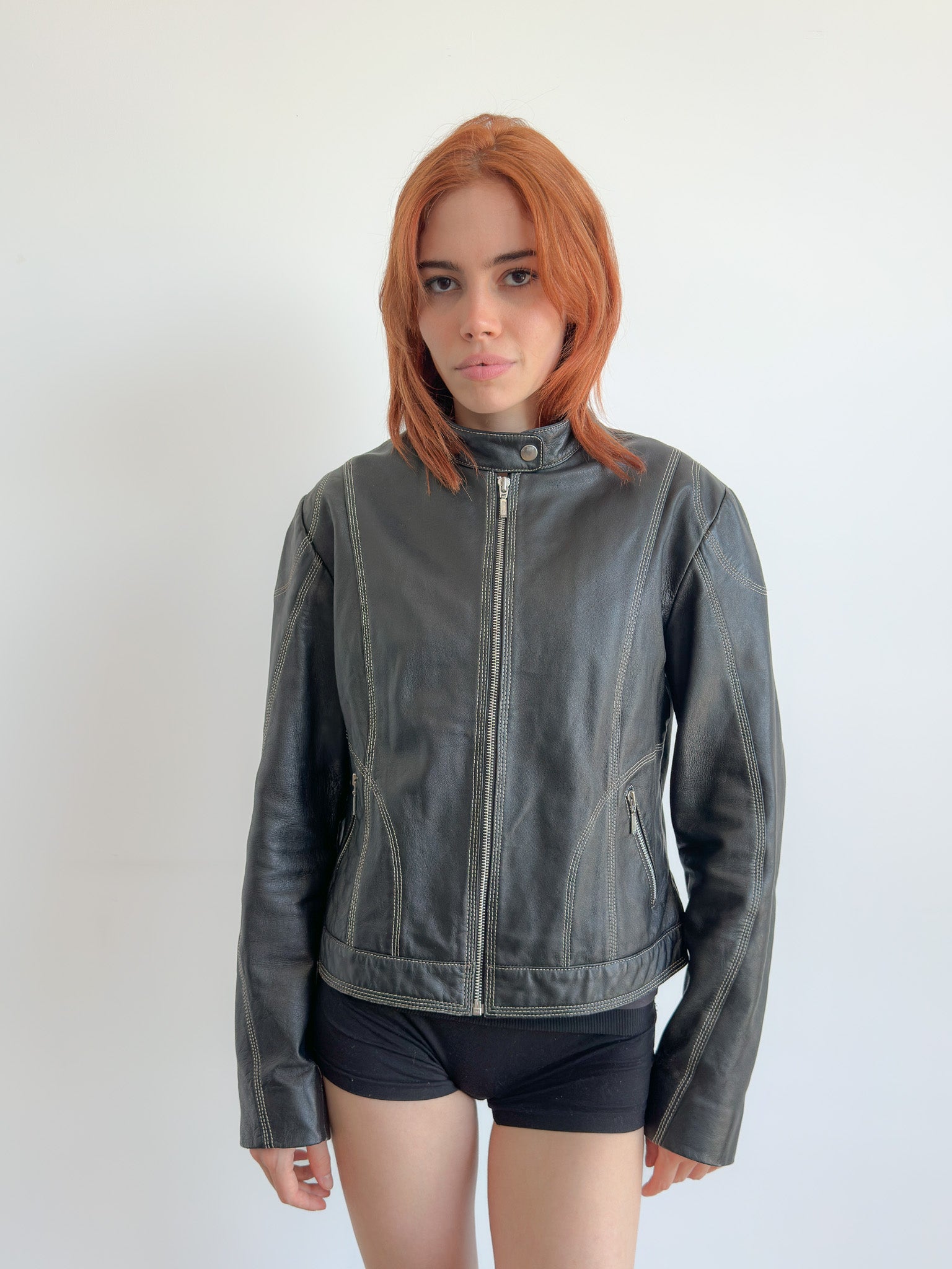 contrast stitch leather jacket / size s