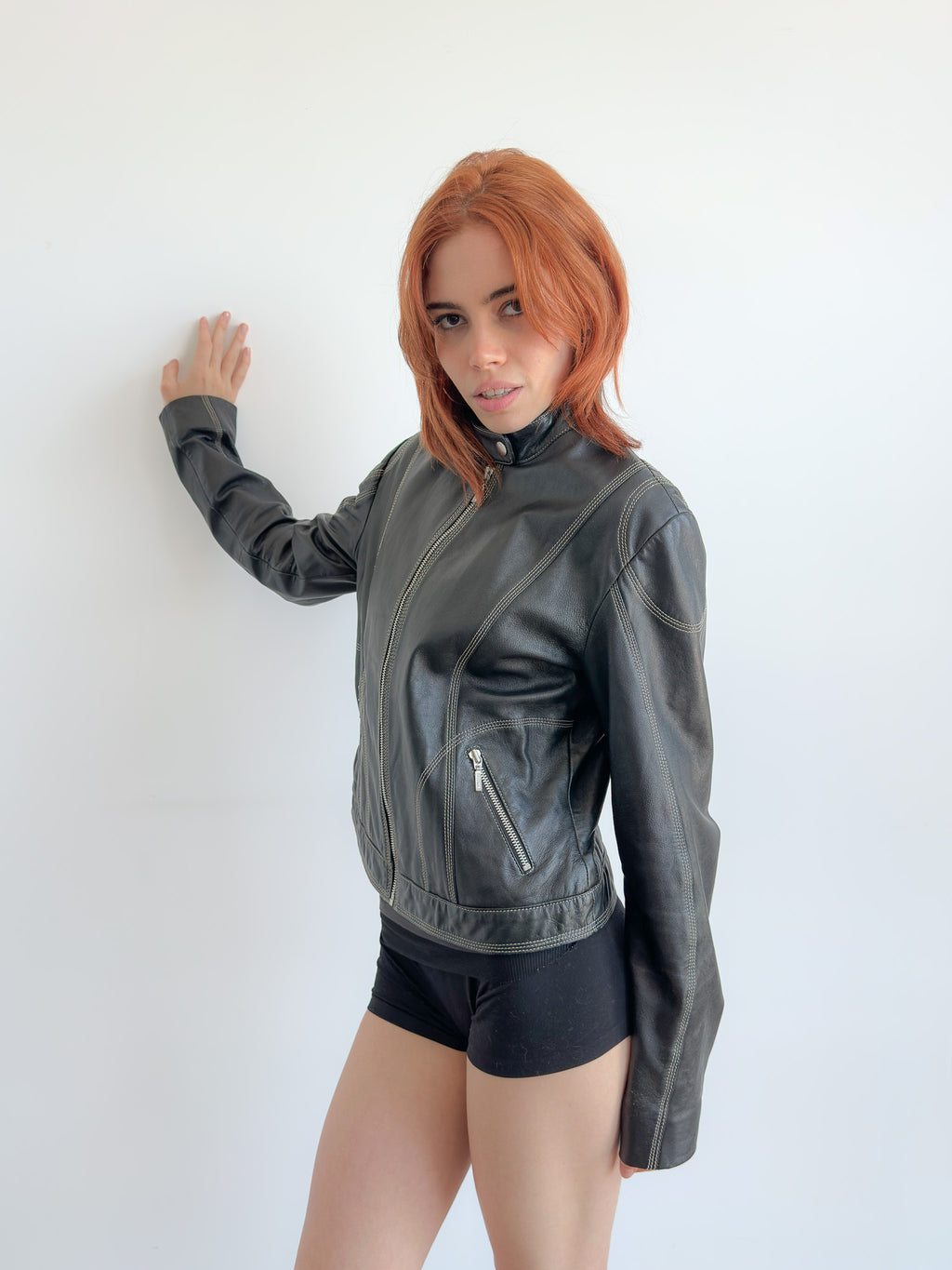 contrast stitch leather jacket / size s