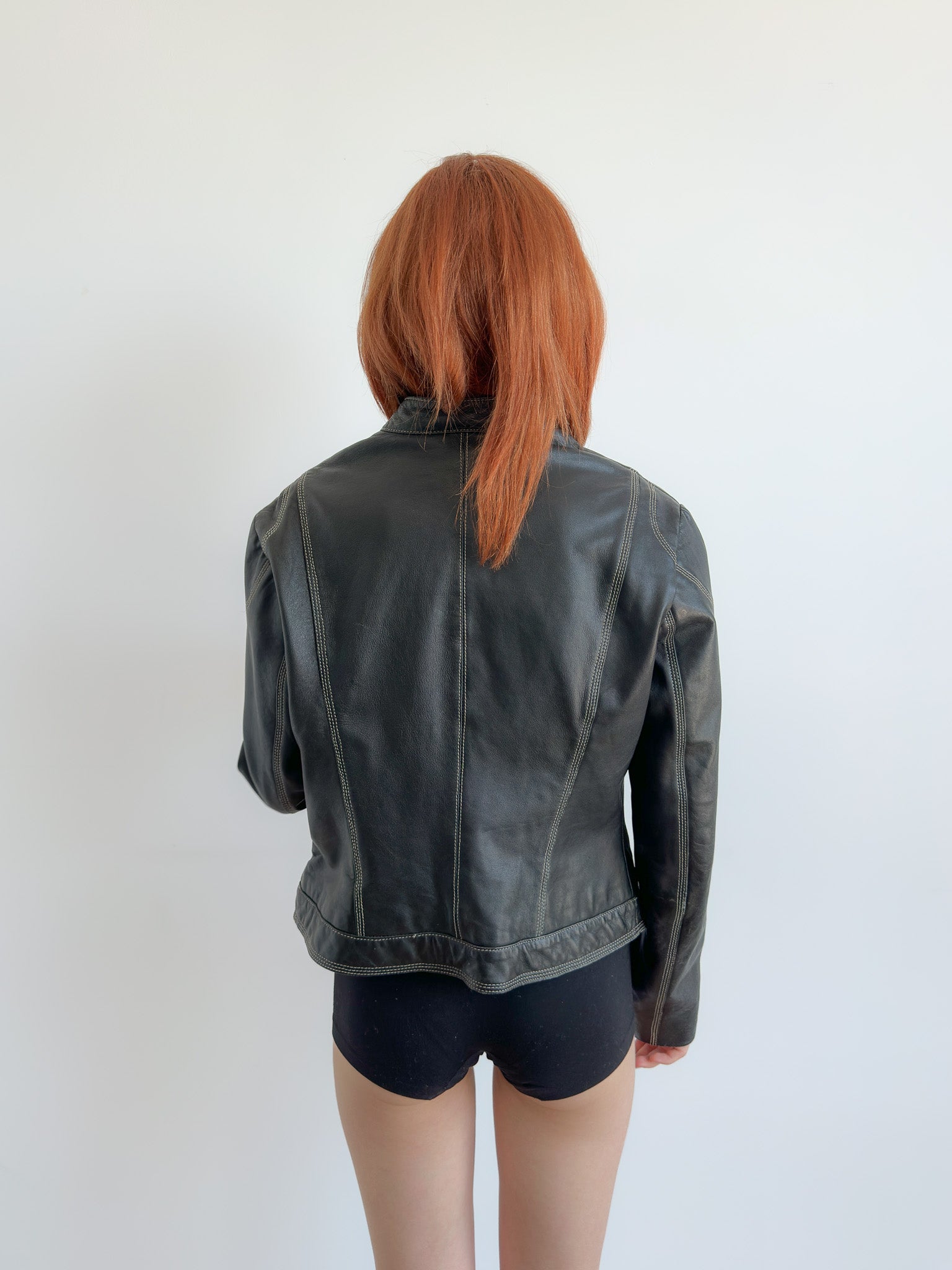 contrast stitch leather jacket / size s
