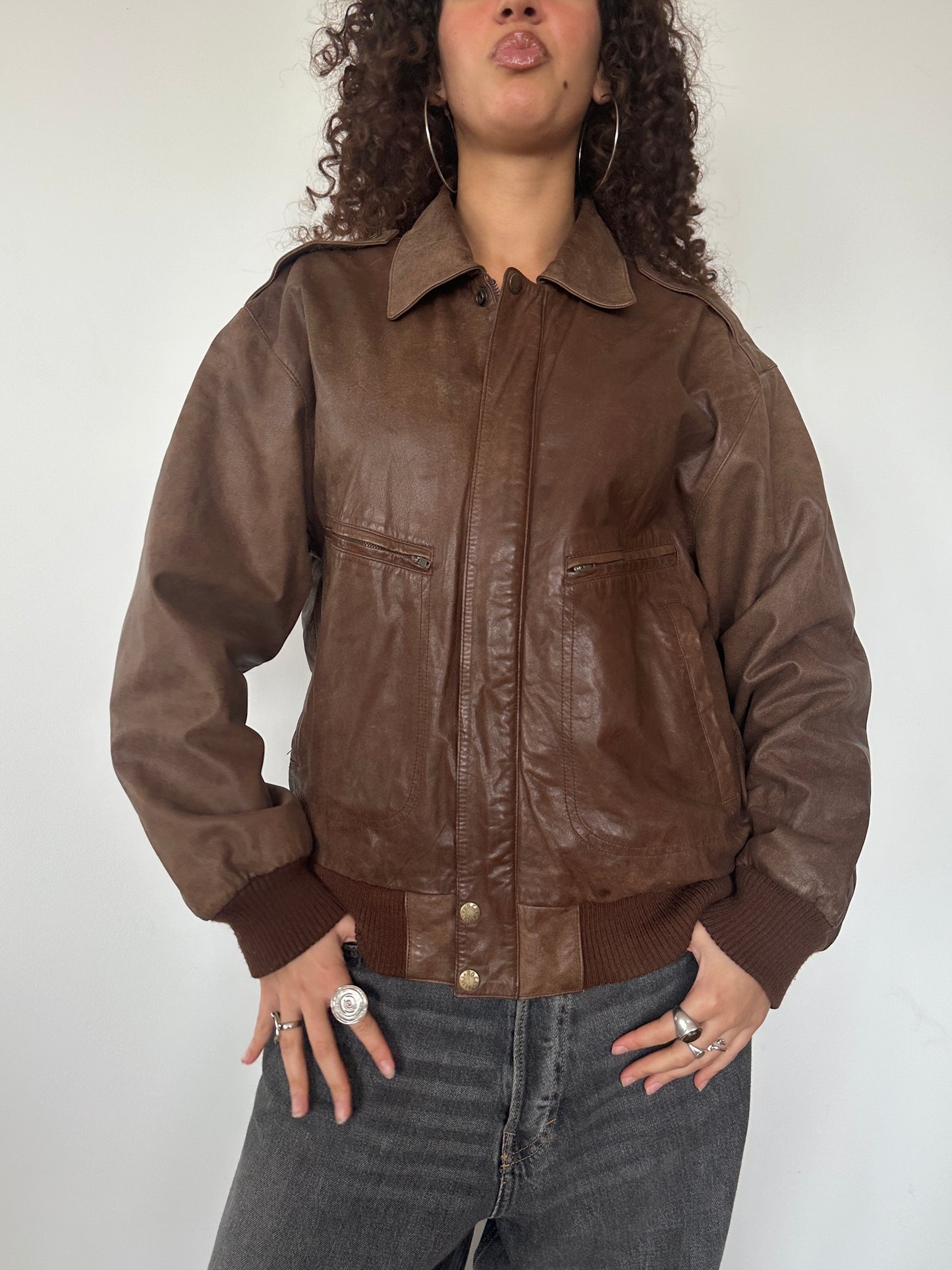 Brown Leather Bomber Jacket · Size M