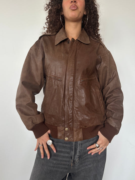 Brown Leather Bomber Jacket · Size M