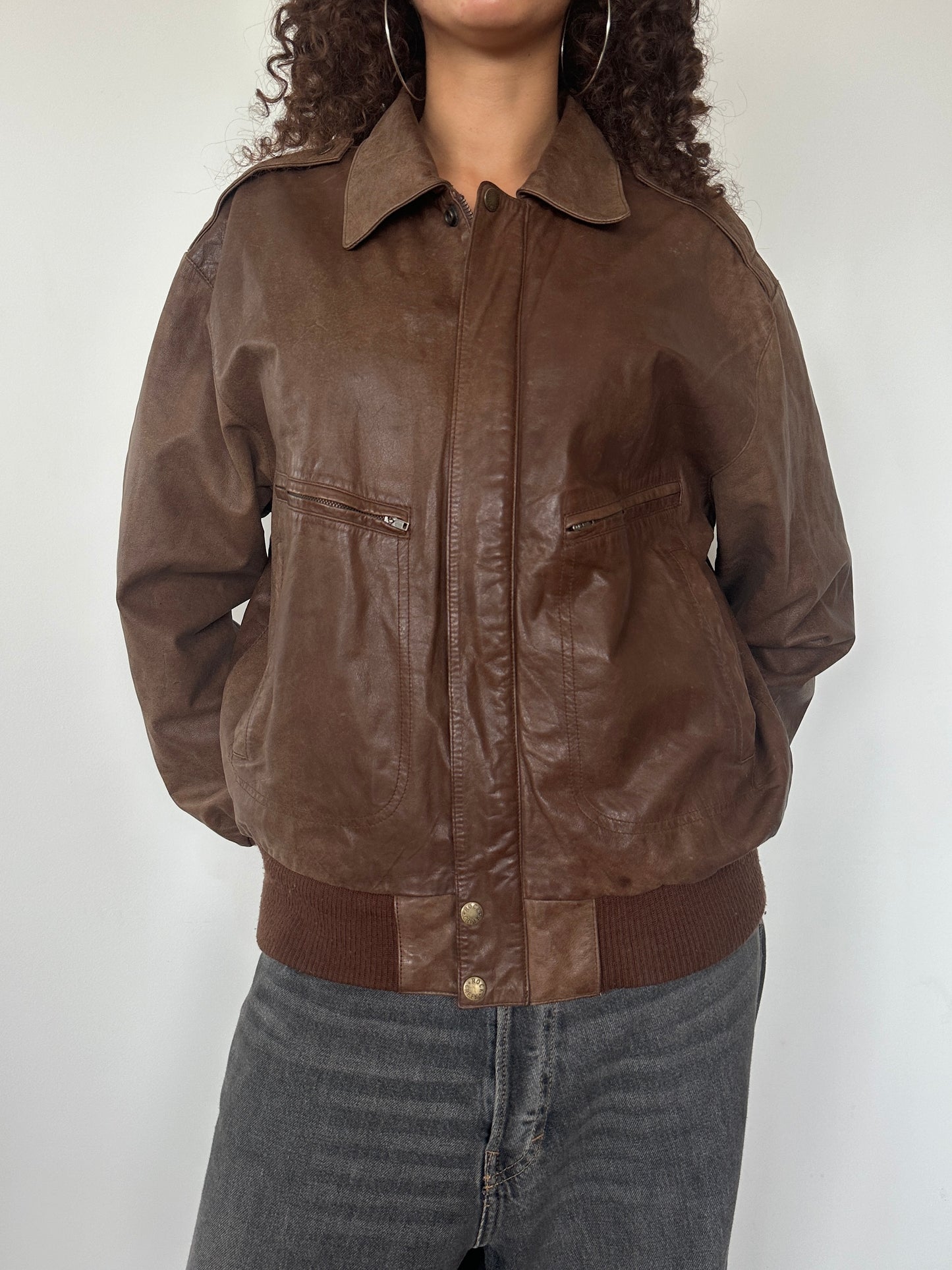 Brown Leather Bomber Jacket · Size M