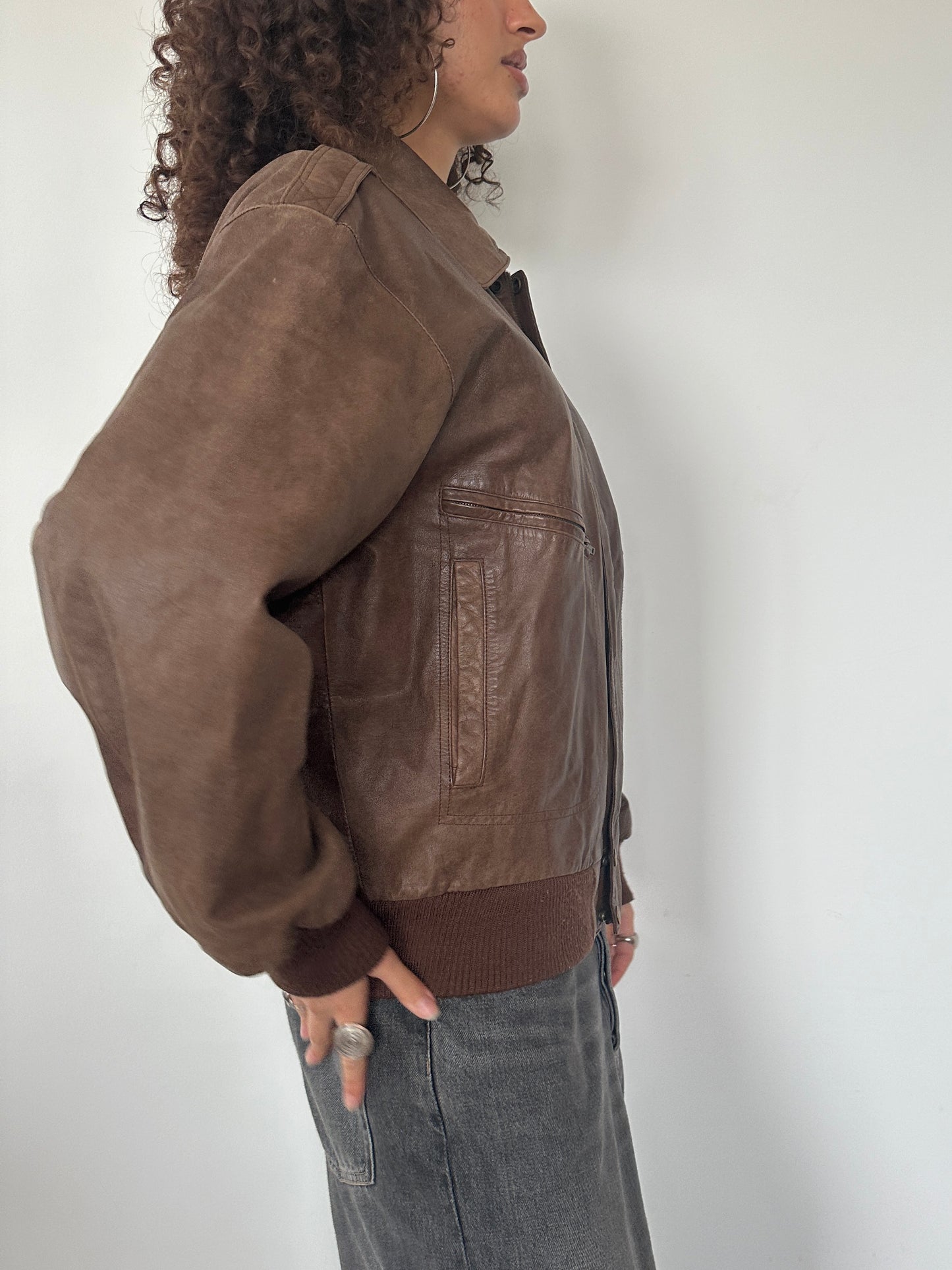 Brown Leather Bomber Jacket · Size M