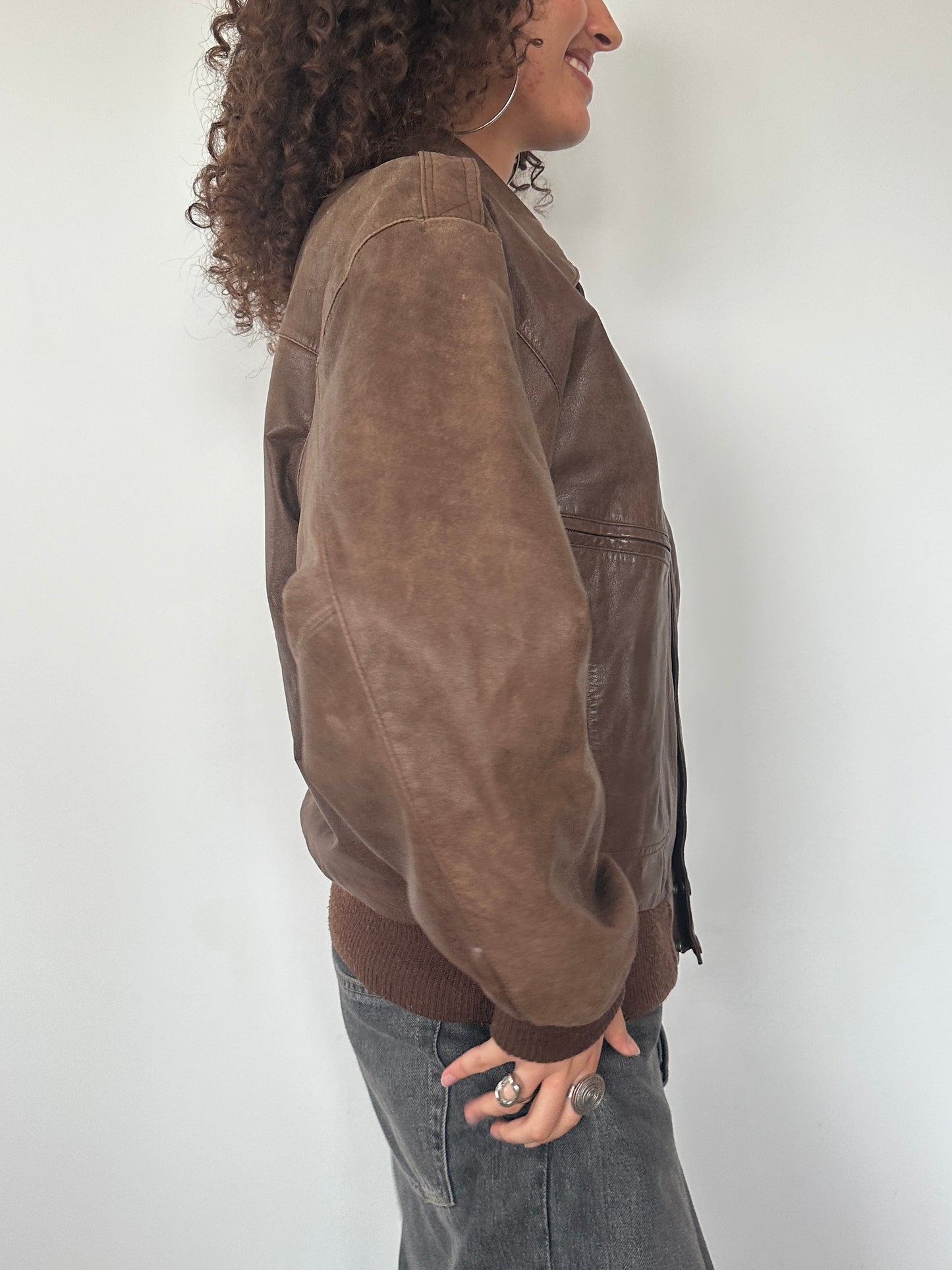 Brown Leather Bomber Jacket · Size M