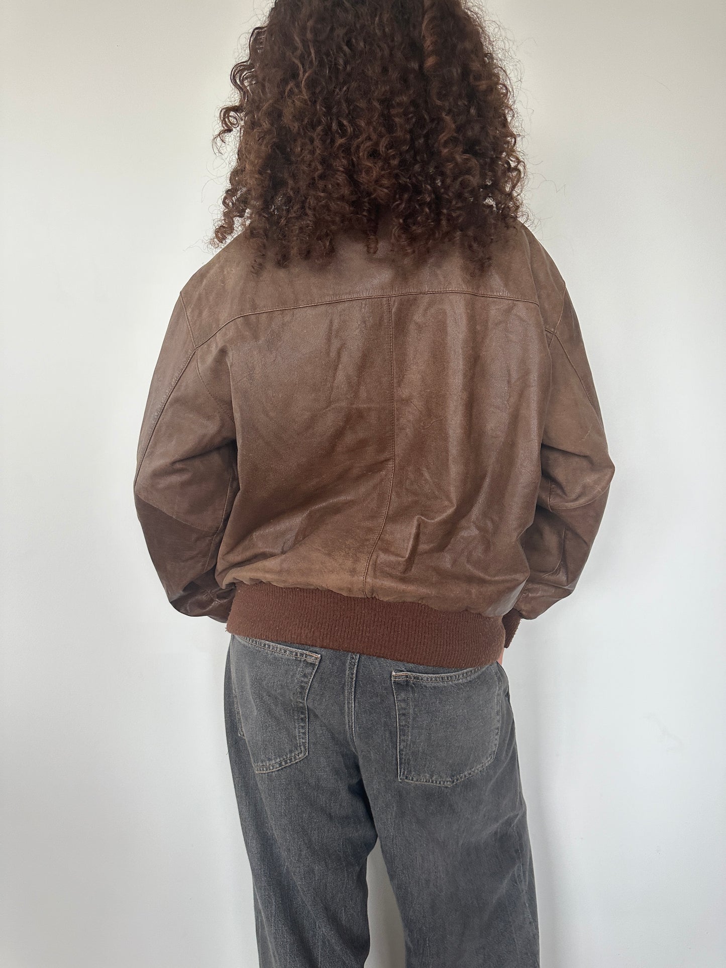 Brown Leather Bomber Jacket · Size M