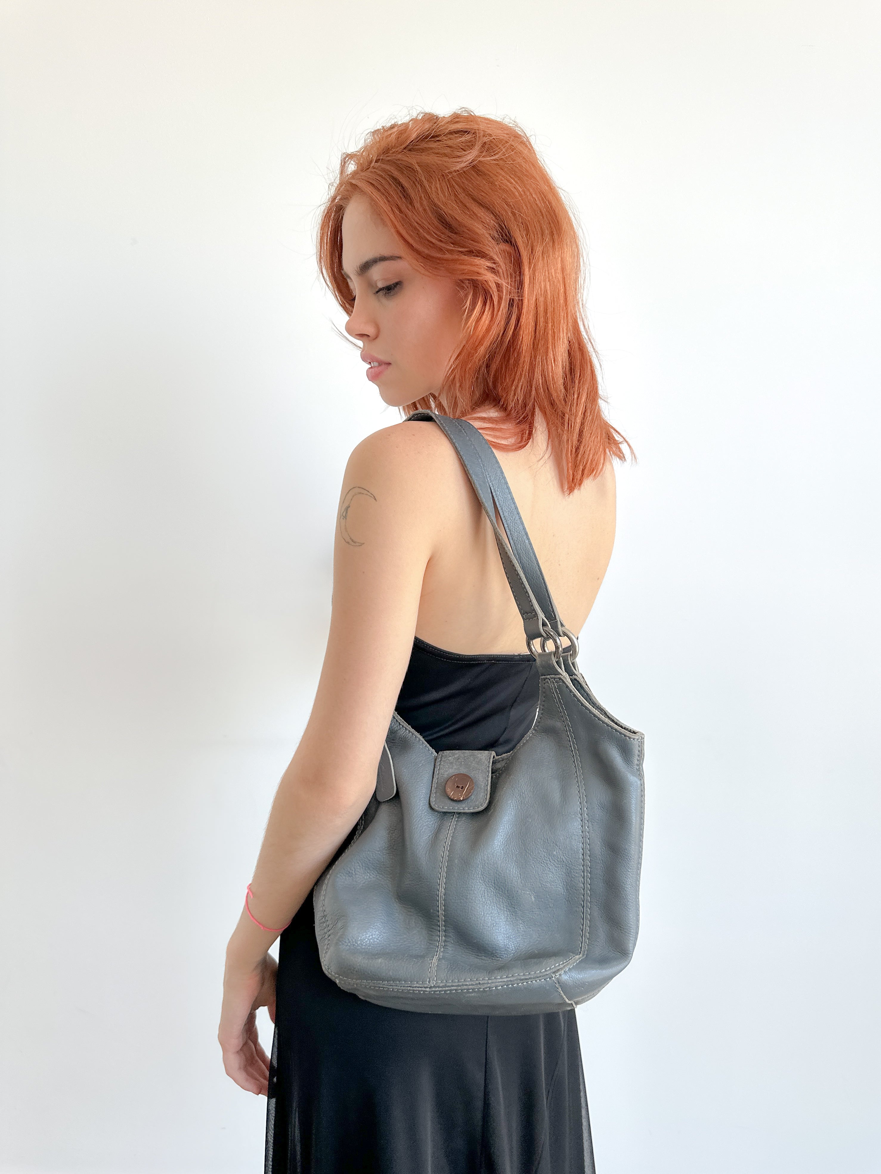Grey Leather Hand-Bag