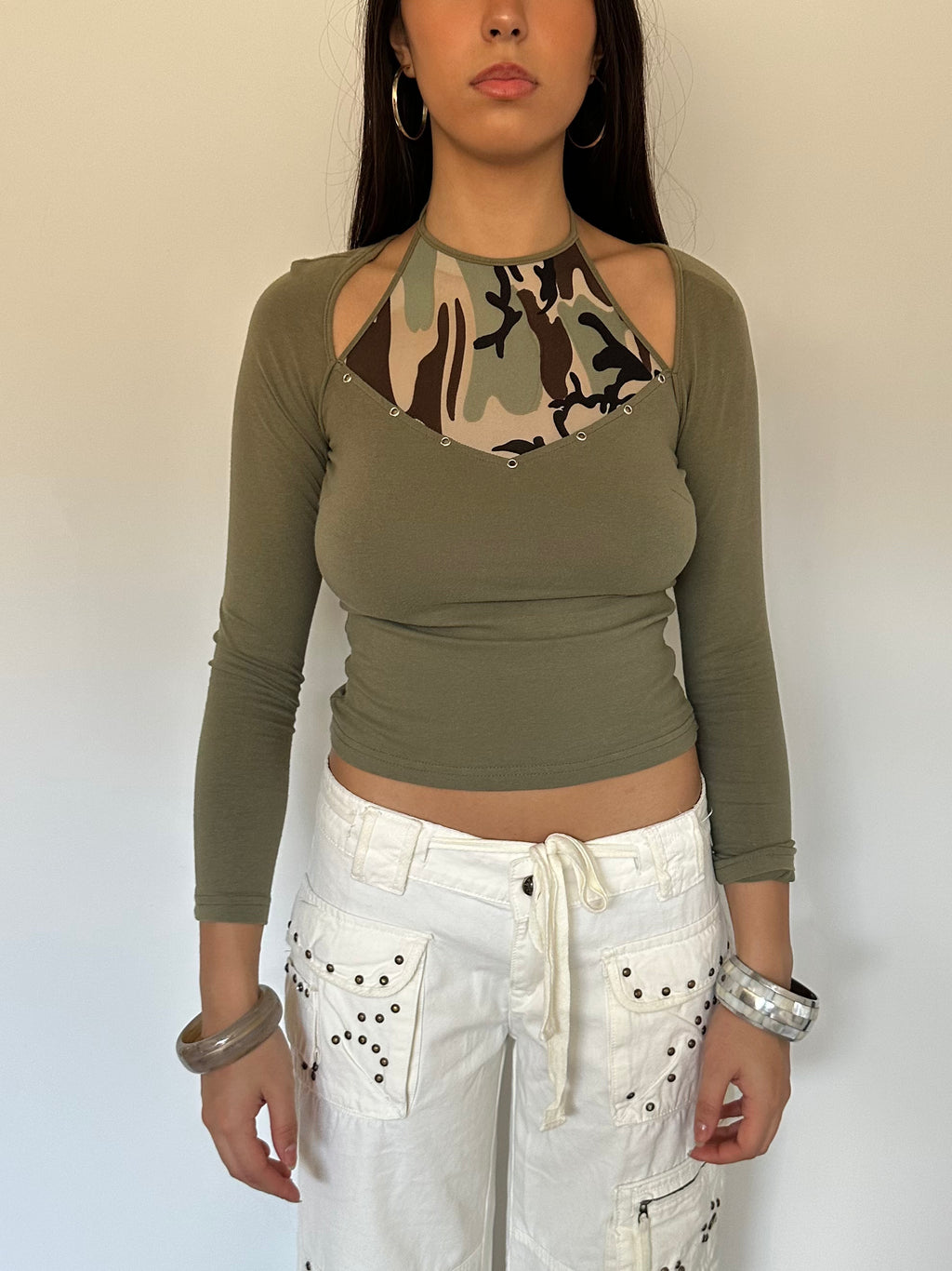 studded khaki long sleeve top — size xs