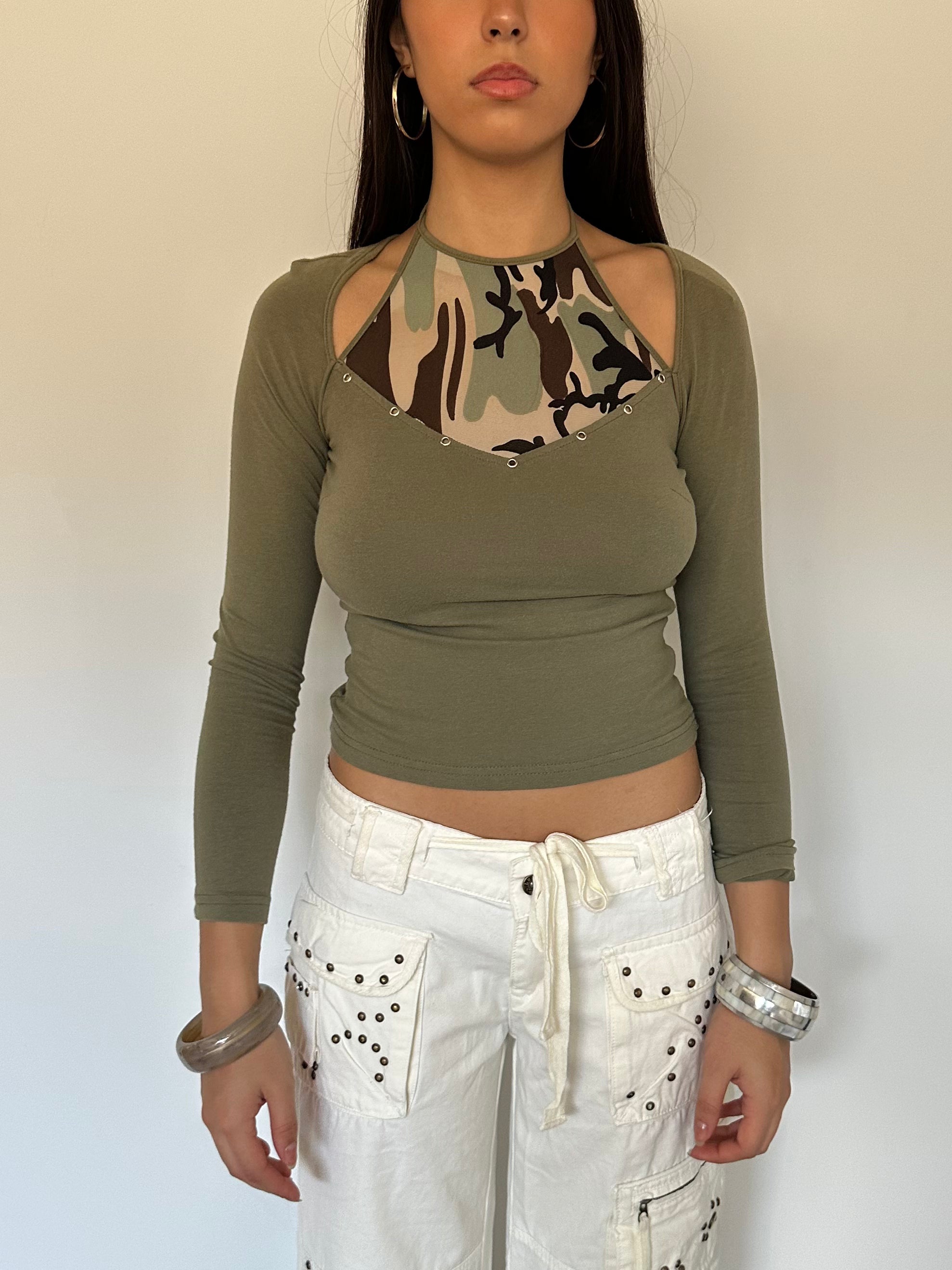 studded khaki long sleeve top — size xs