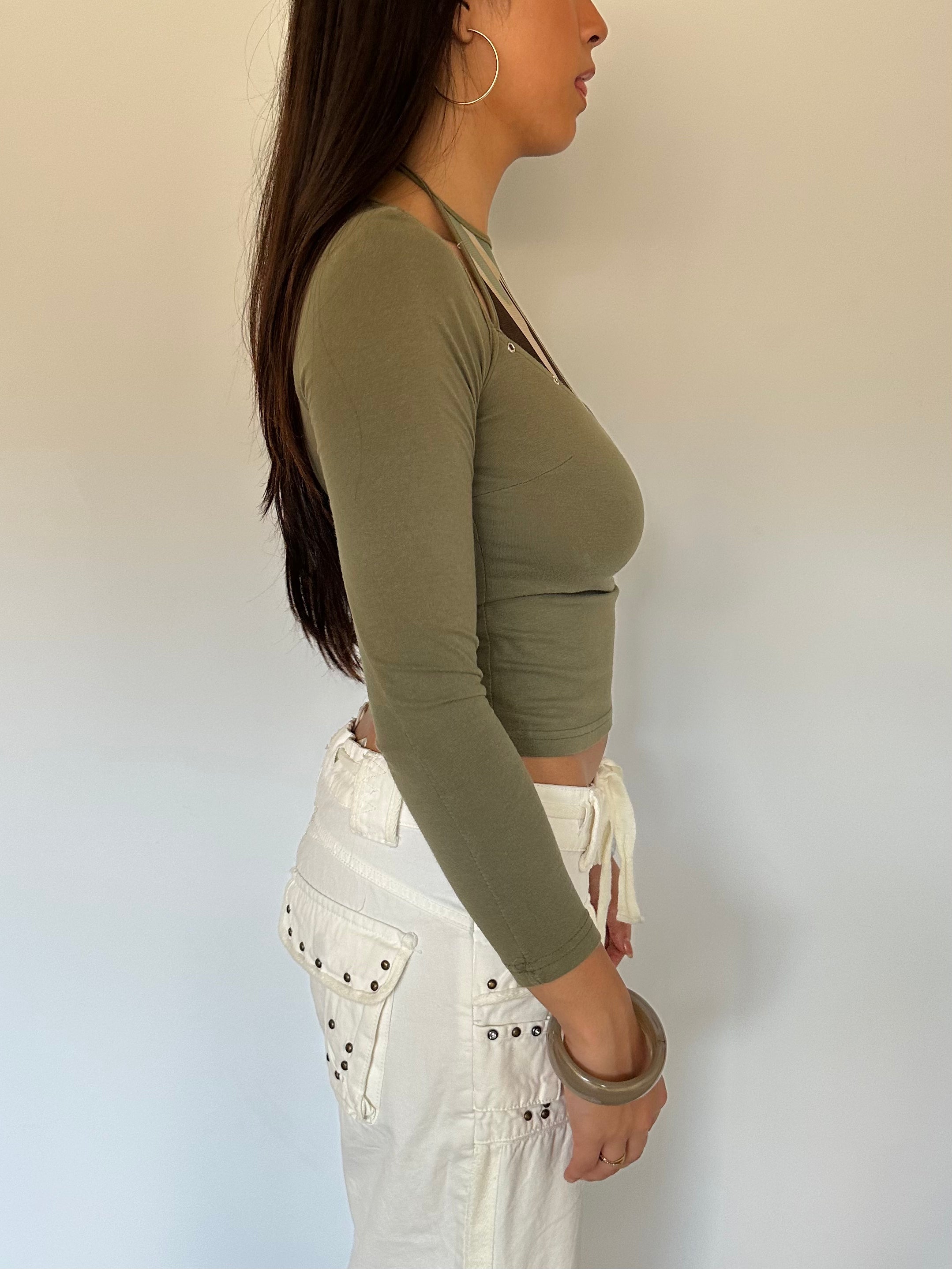 studded khaki long sleeve top — size xs