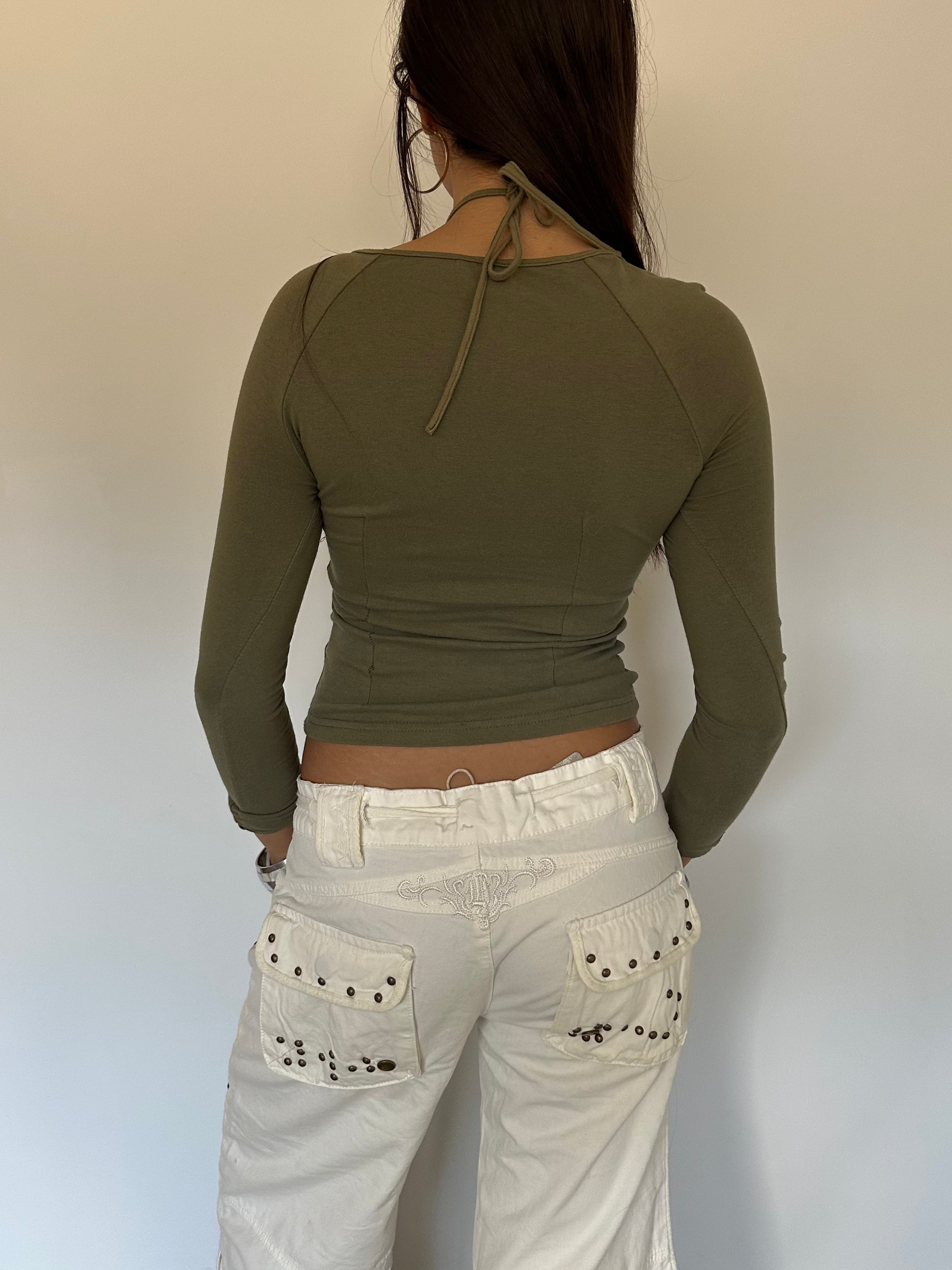 studded khaki long sleeve top — size xs