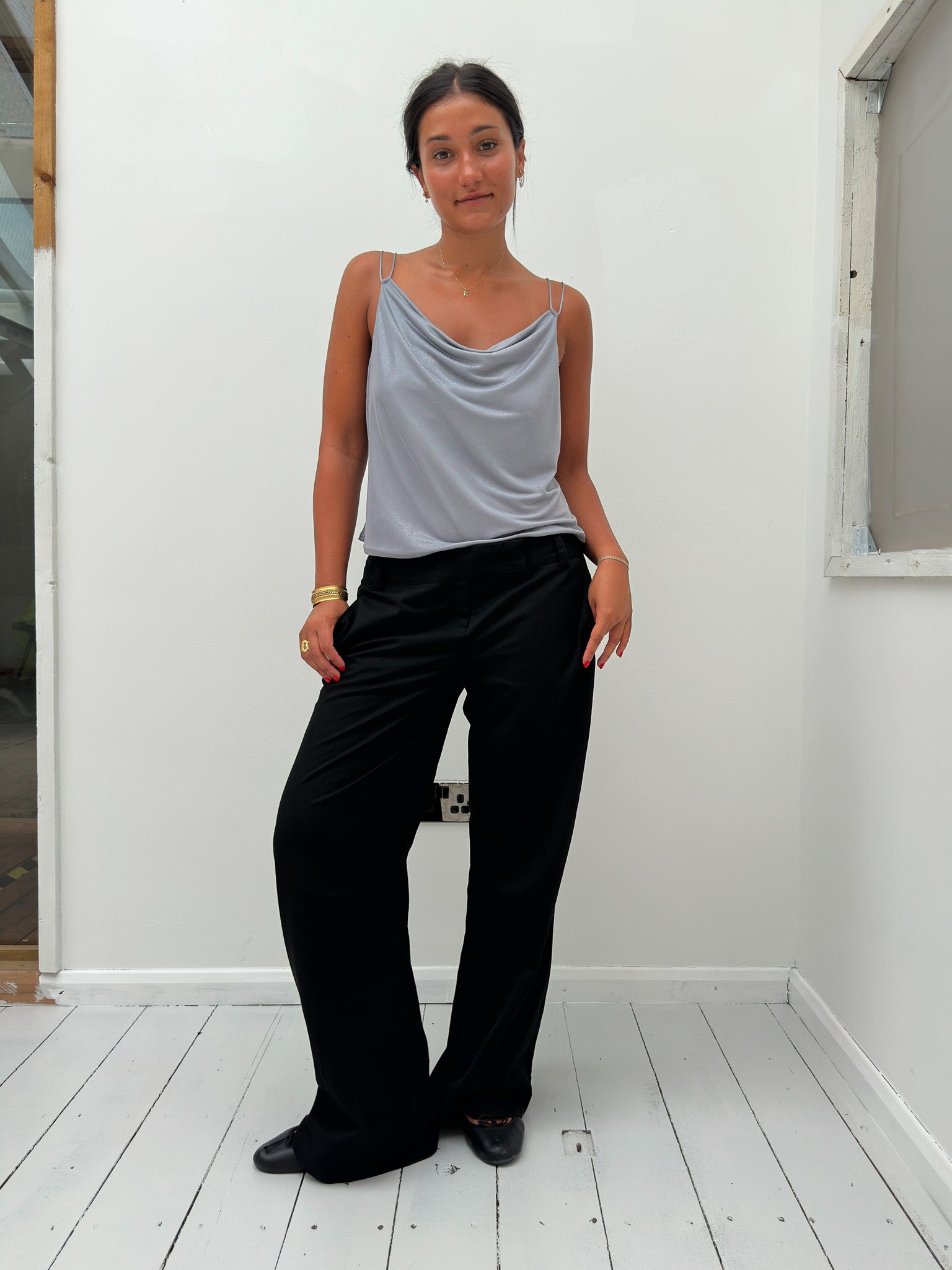 slinky metallic cowl neck top — size S/M
