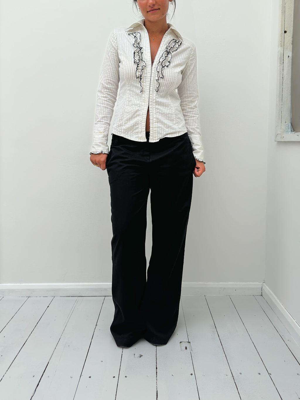 pinstripe ruffle shirt — size XS/S